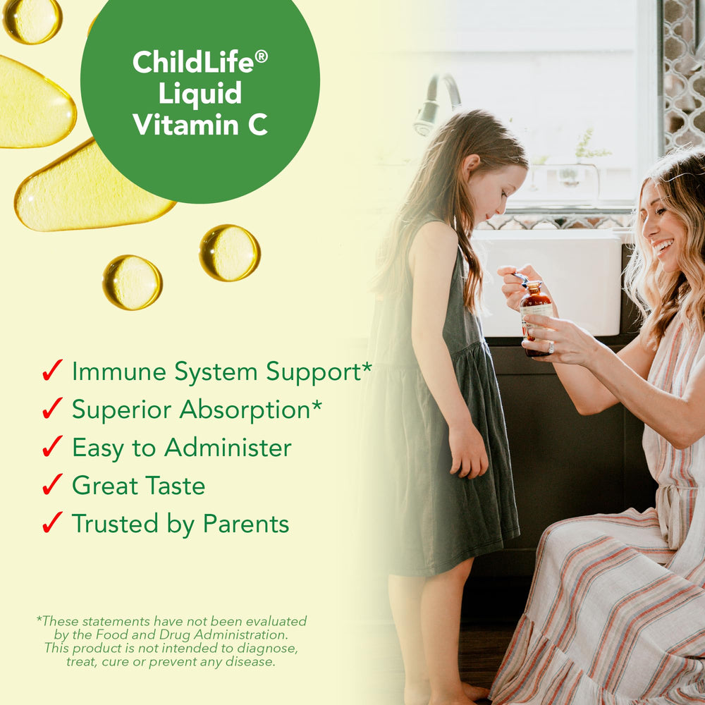 Ingredients and allergen-free certifications on CHILDLIFE Essentials Vitamin C bottle