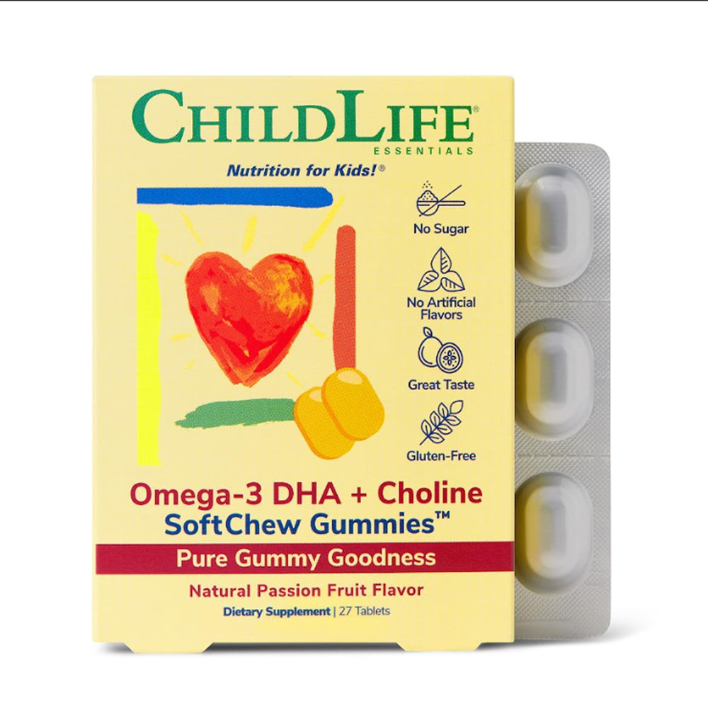 Front view of CHILDLIFE ESSENTIALS Omega-3 DHA + Choline SoftChew Gummies for Kids