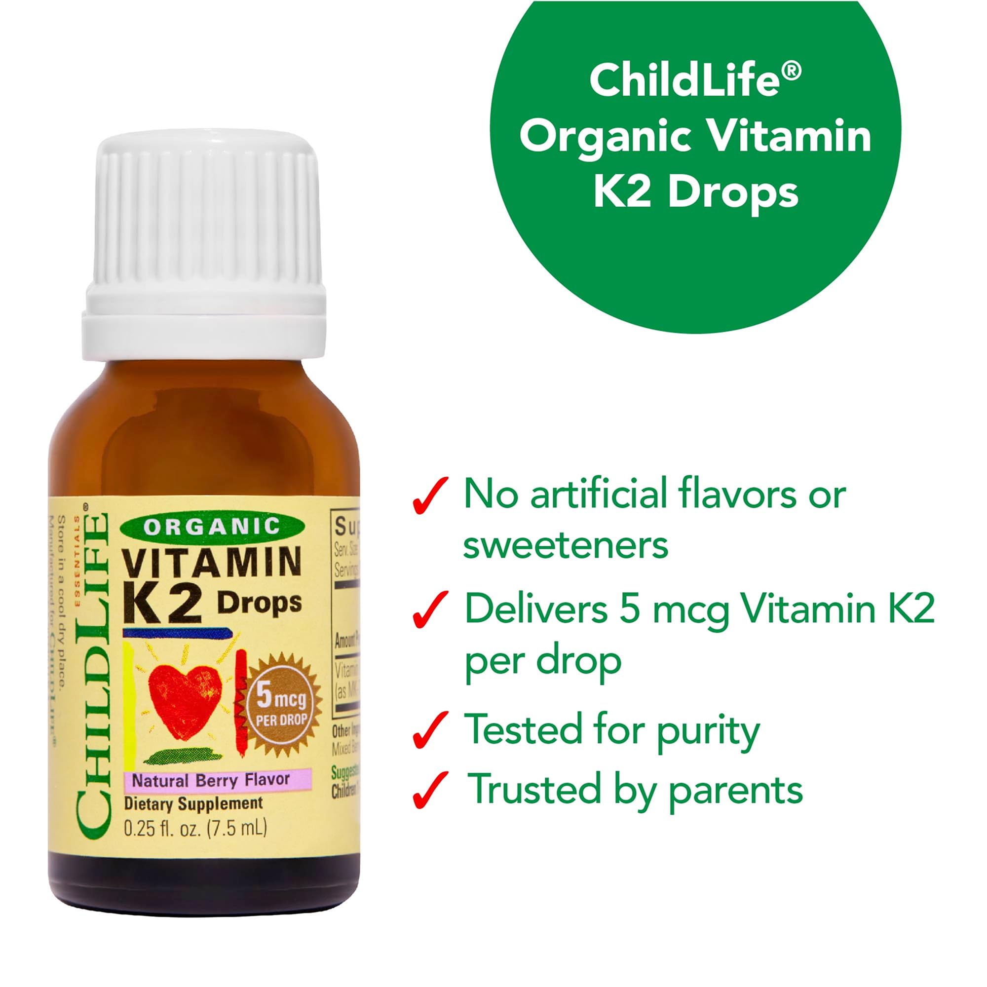 Dosage chart showing age-based Vitamin K2 Drops dosing
