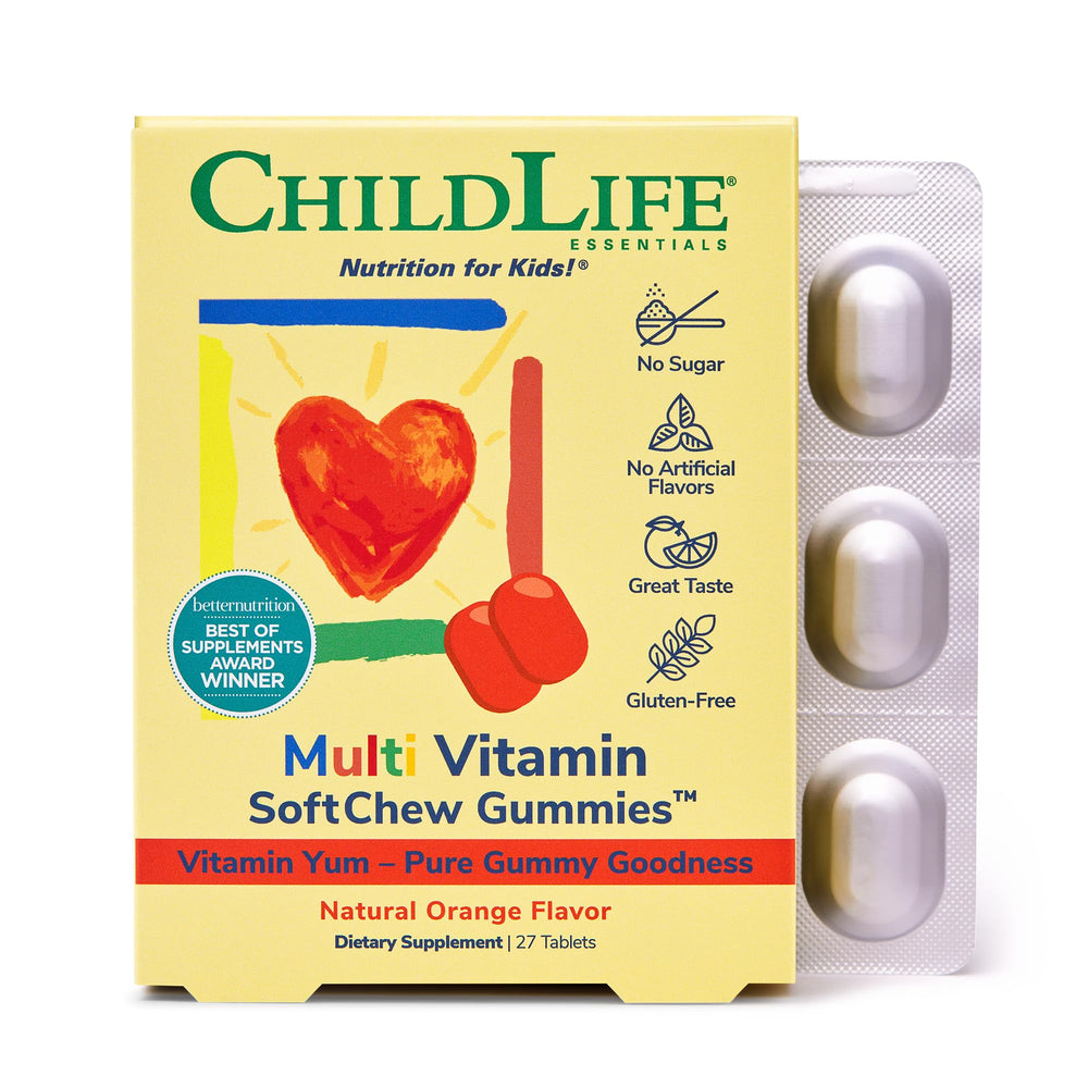 Front view of CHILDLIFE Essentials Kids Multivitamin SoftChew Gummies bottle in natural orange flavor