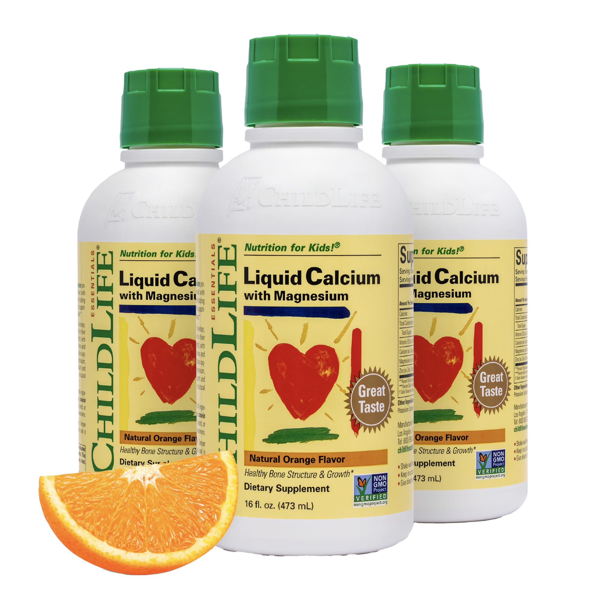 Front view of ChildLife Essentials Liquid Calcium bottle for kids in orange flavor