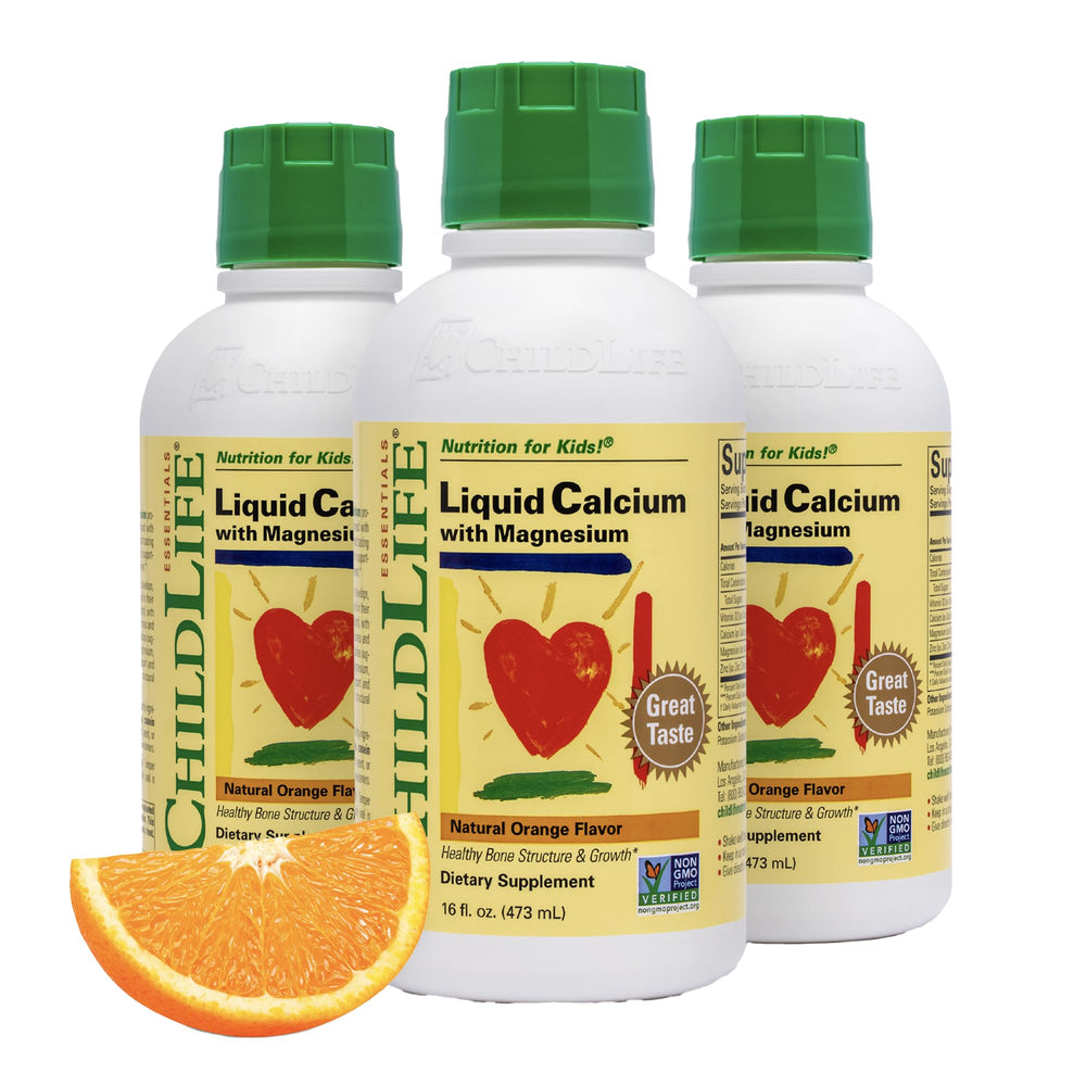 Front view of ChildLife Essentials Liquid Calcium bottle for kids in orange flavor
