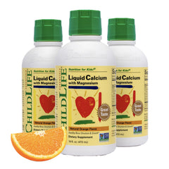 Front view of ChildLife Essentials Liquid Calcium bottle for kids in orange flavor