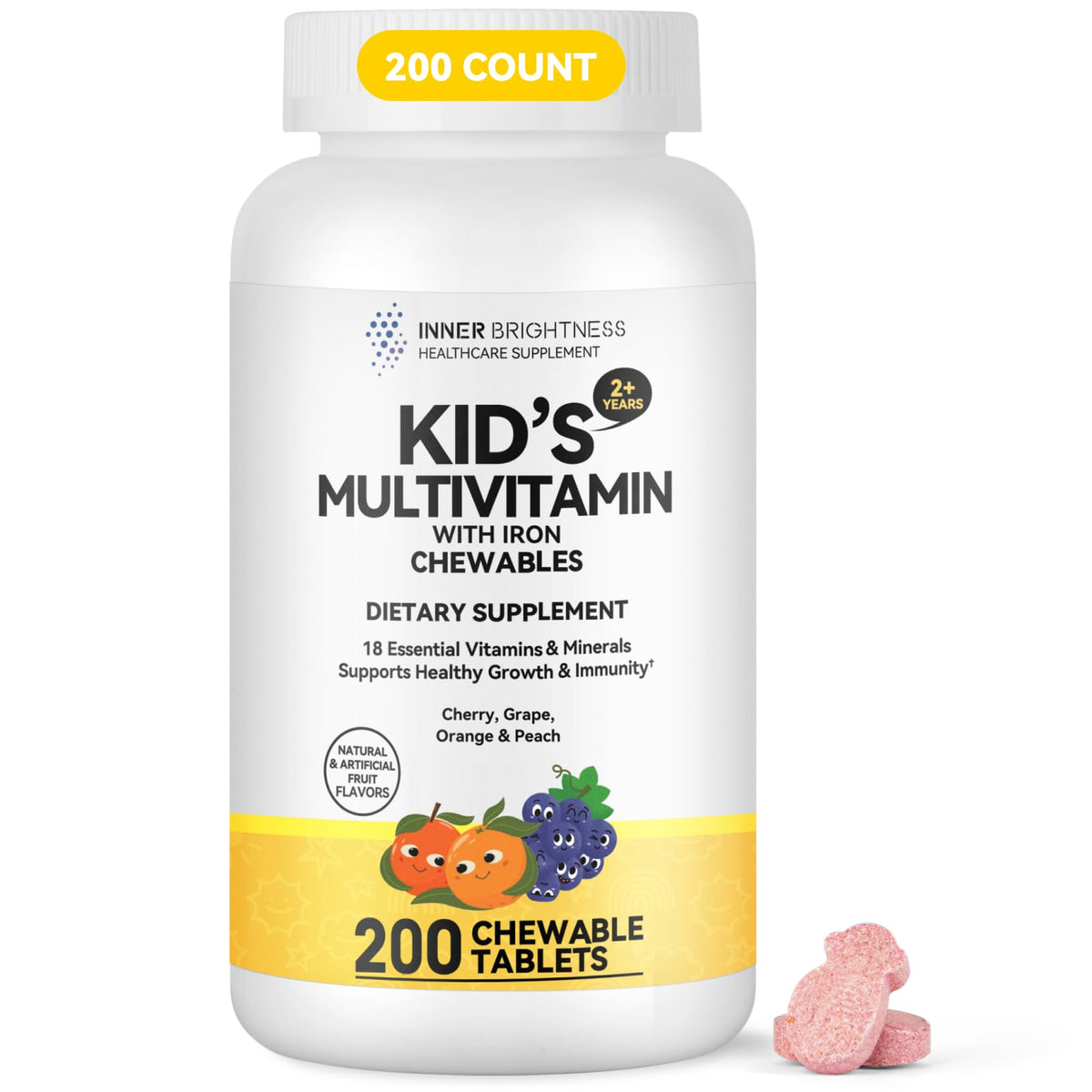 Bottle of children's chewable multivitamin showing 200 chewables