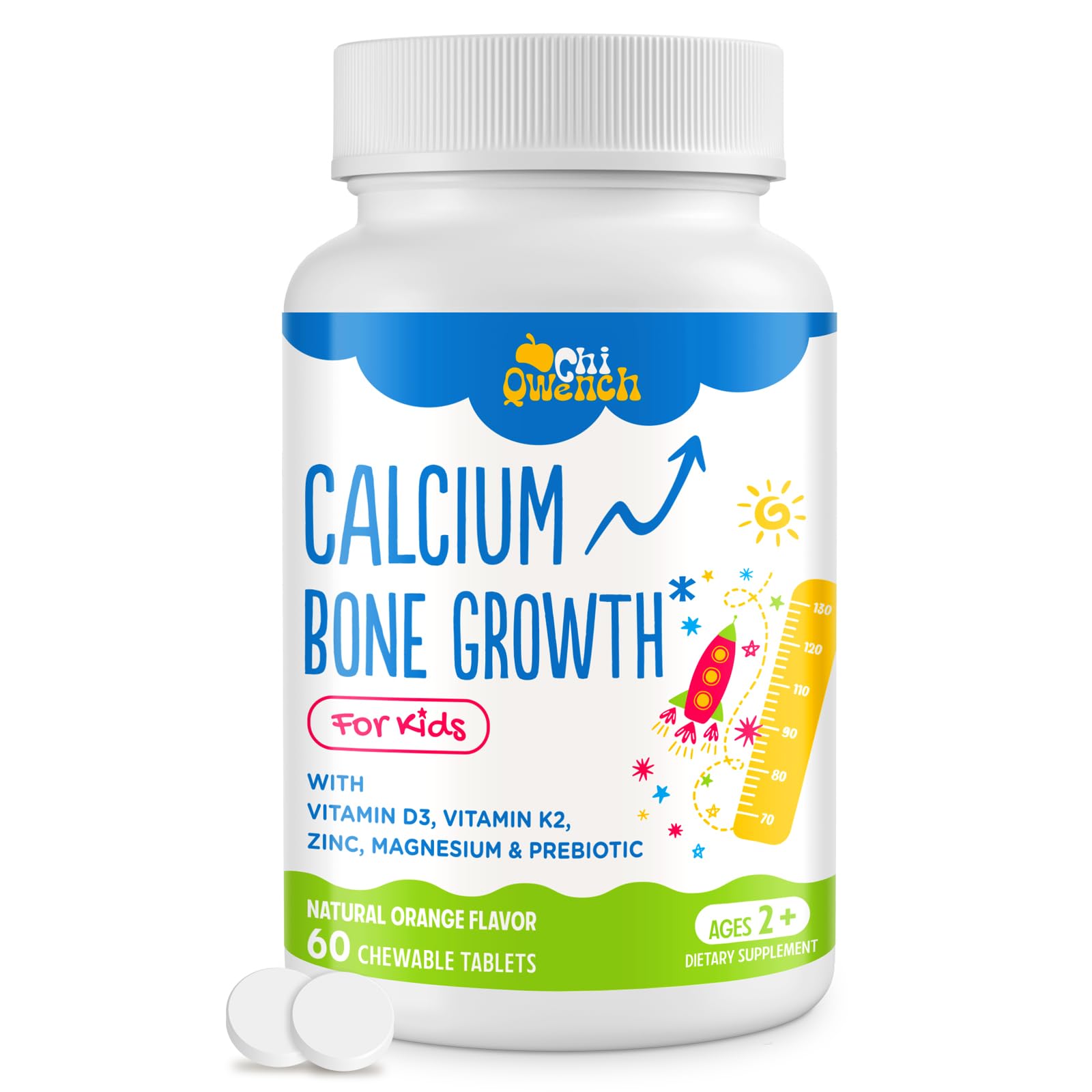 ChiQwench calcium supplement orange chewables bottle with 60 tabs