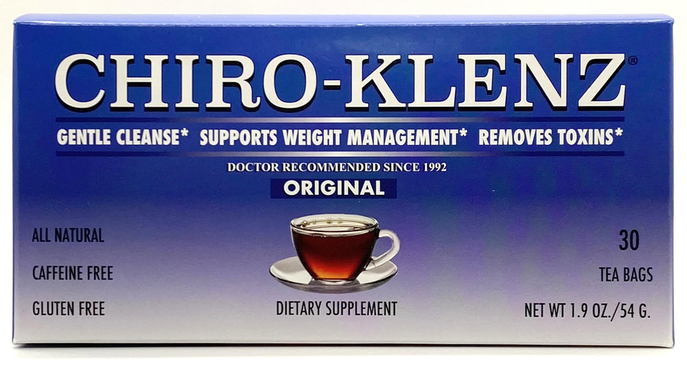 Chiro-Klenz All Natural Herbal Tea Original packshot shows 30 tea bags for daily use
