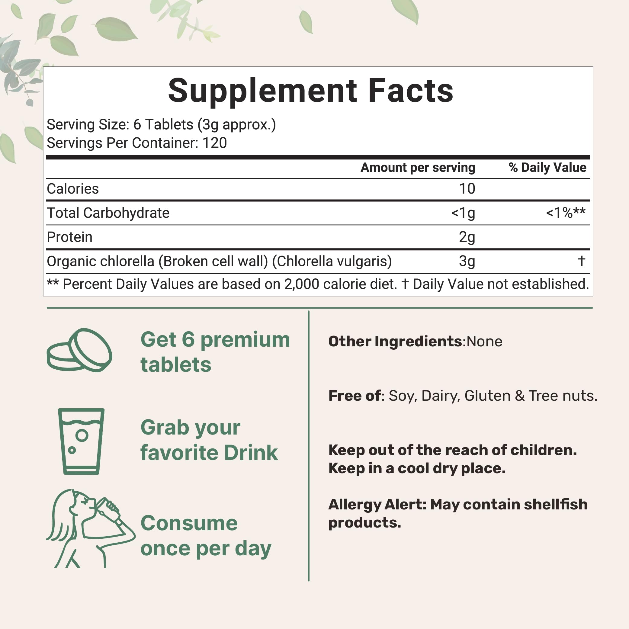 Chlorella tablets showing broken cell wall technology