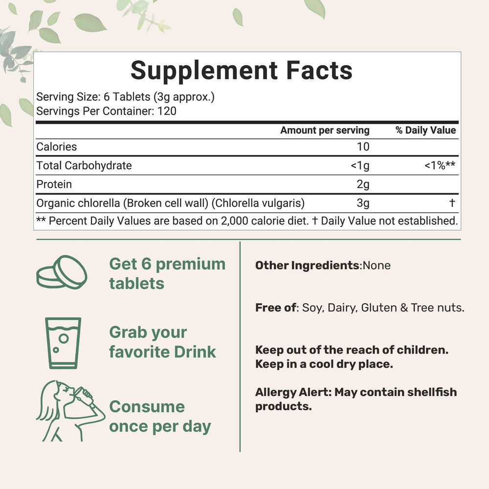Chlorella tablets showing broken cell wall technology