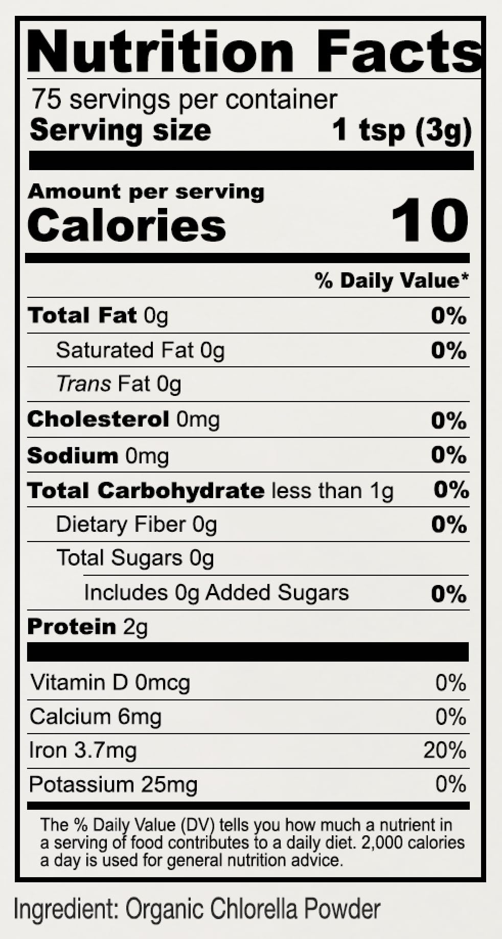 Chlorella powder gluten-free and non-GMO labels on packaging