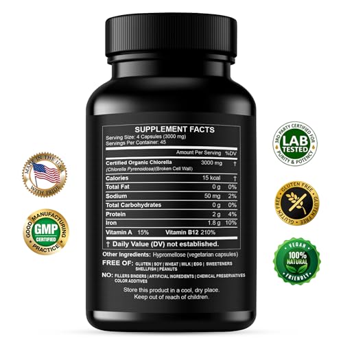 Back label with ingredients for Chlorella Capsules 3000 mg