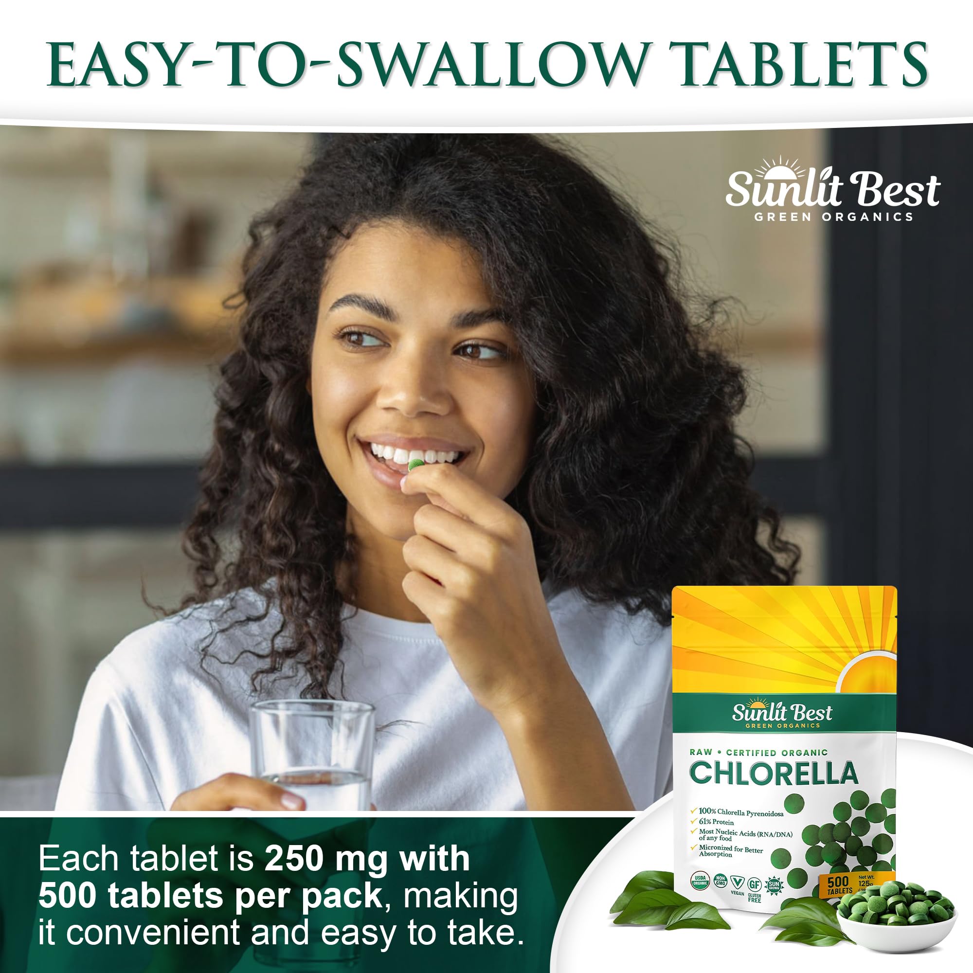 Chlorella tablets arranged in a row with natural light