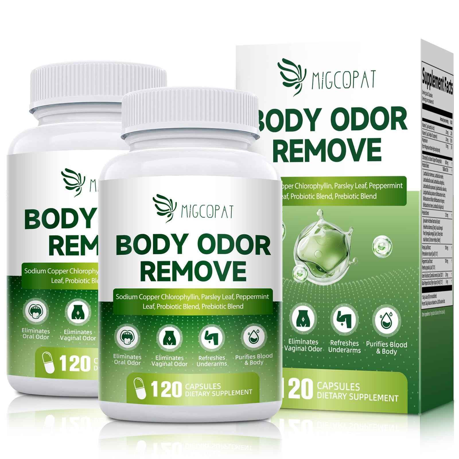 Chlorophyll body deodorizing supplement 2-pack packaging displayed