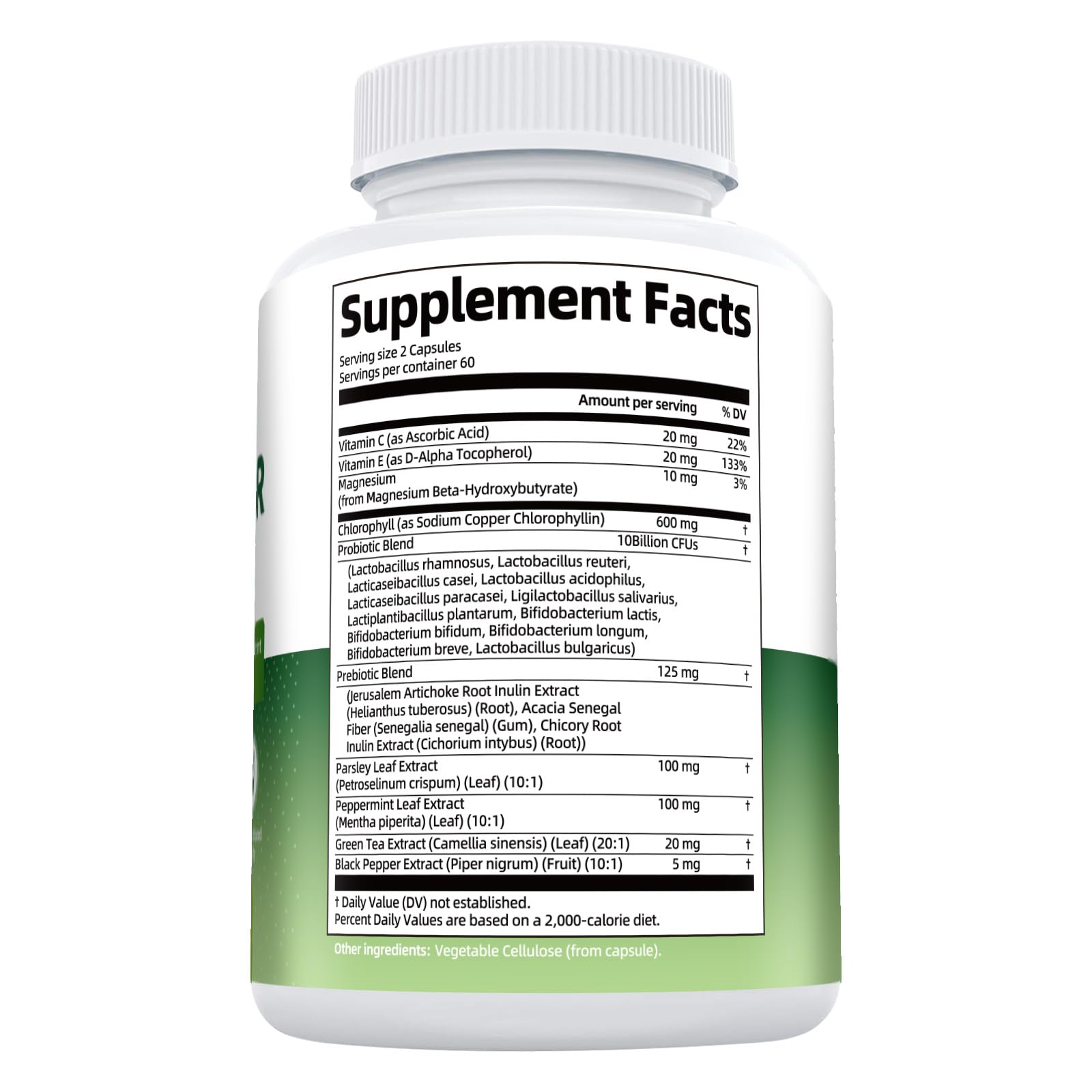 Full bottle of Chlorophyll Body Deodorizing Supplement 120 caps