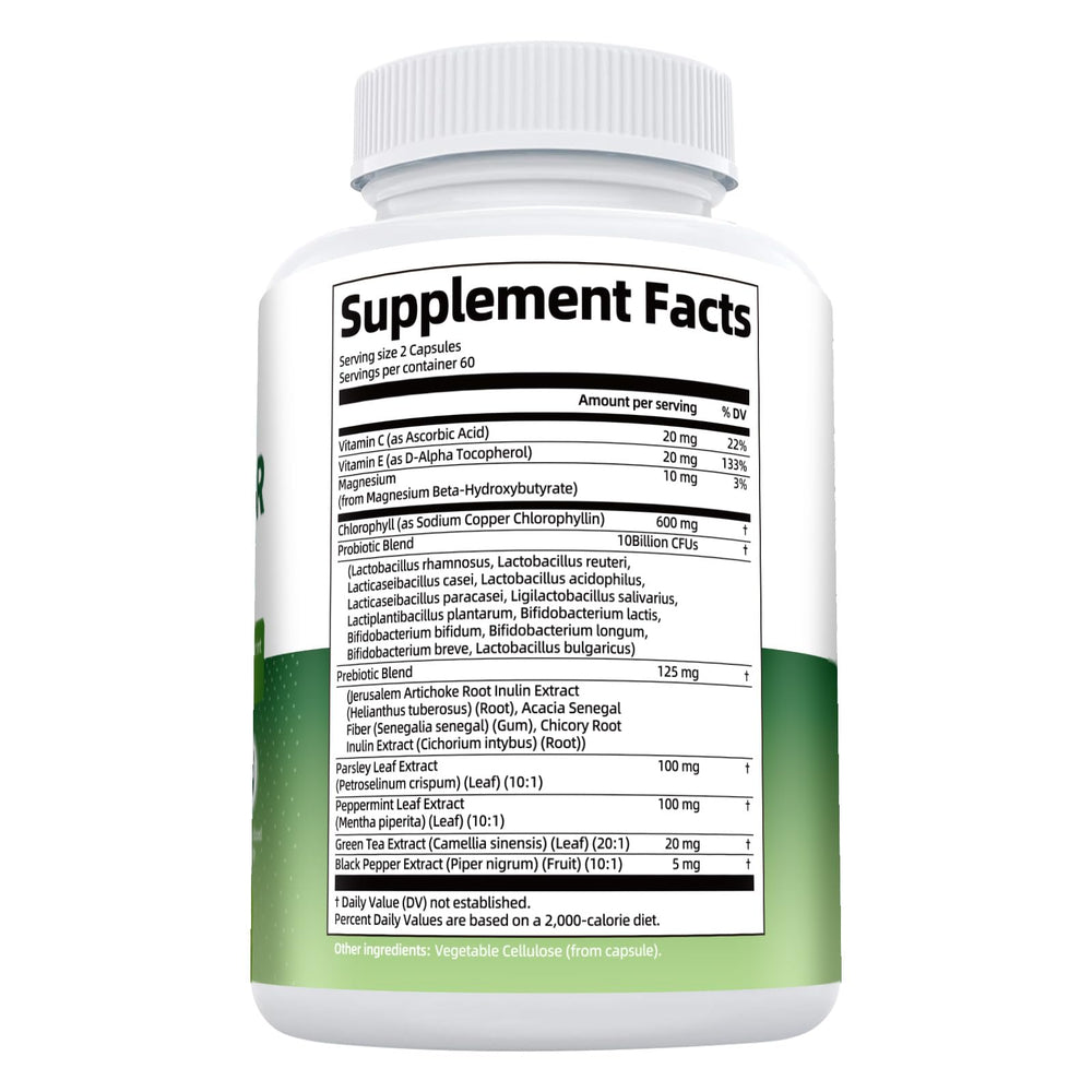 Full bottle of Chlorophyll Body Deodorizing Supplement 120 caps