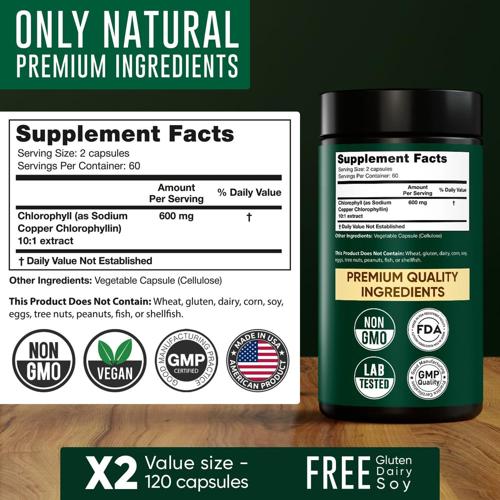 USA-made non-GMO chlorophyll capsules bottle label