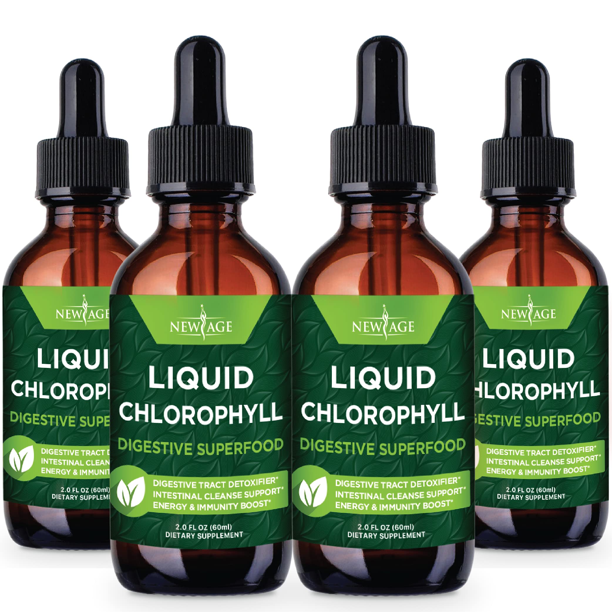 4-pack NEW AGE Chlorophyll Liquid Drops being added to a glass of water
