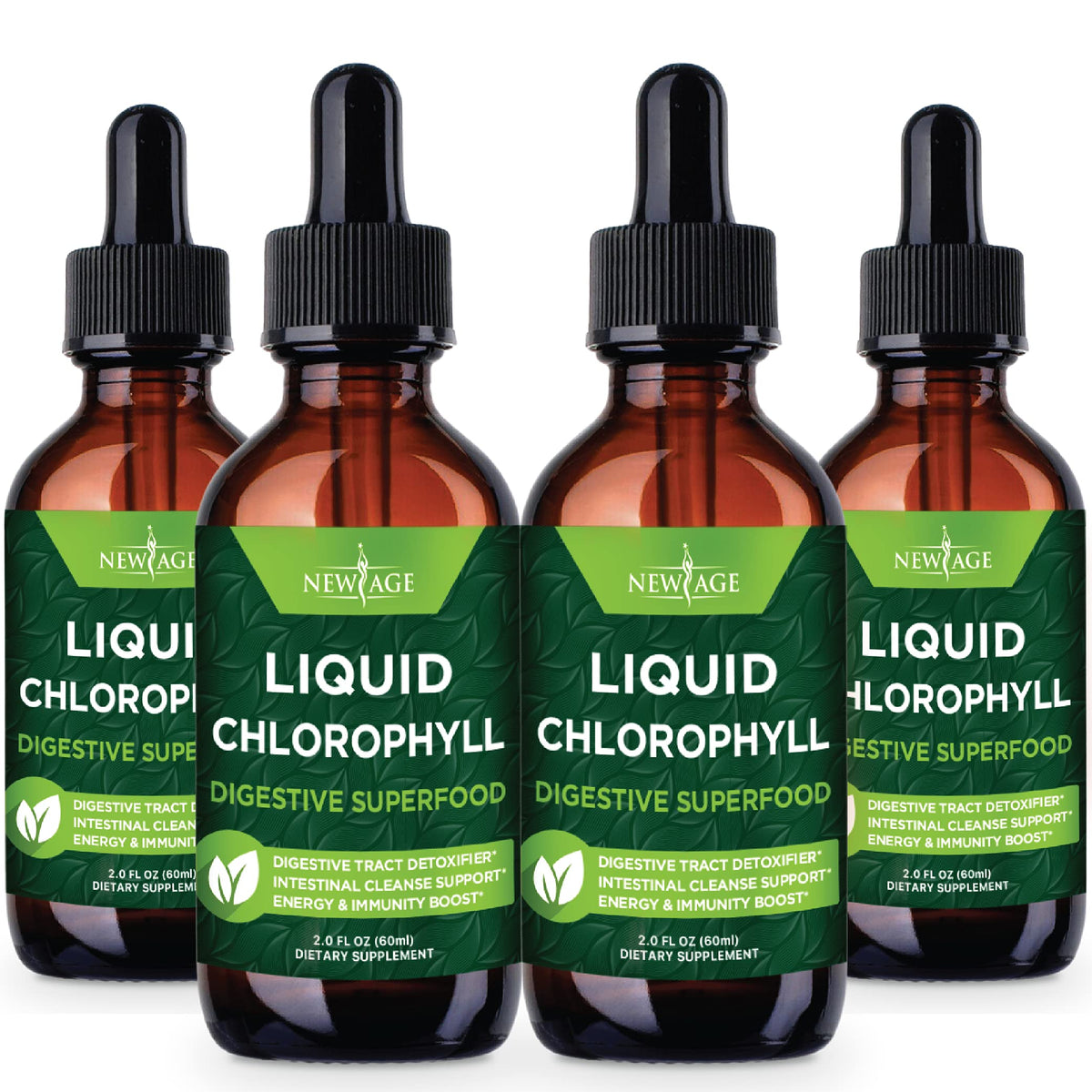 4-pack NEW AGE Chlorophyll Liquid Drops being added to a glass of water