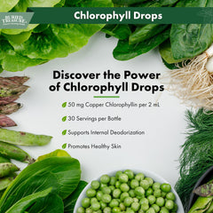 Chlorophyll drops bottle with dropper and product details on label