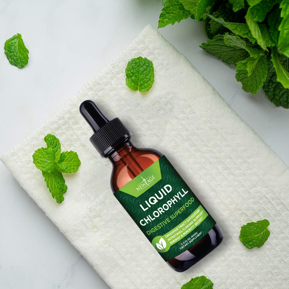 Chlorophyll Drops 4-pack packaging with brand name NEW AGE