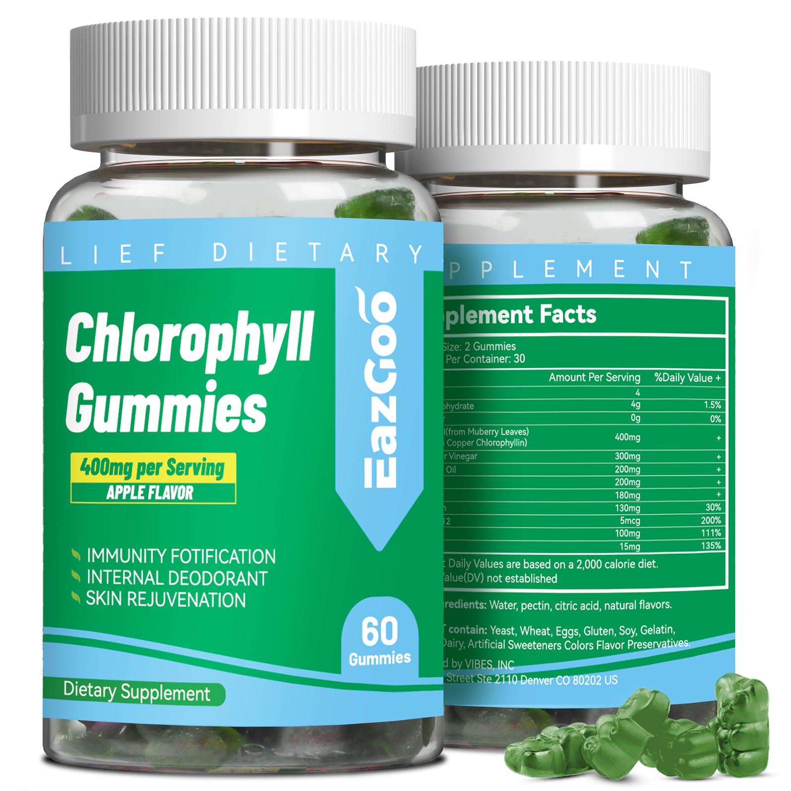 Sugar-free chlorophyll gummies bottle with natural apple flavor and Vitamin B12