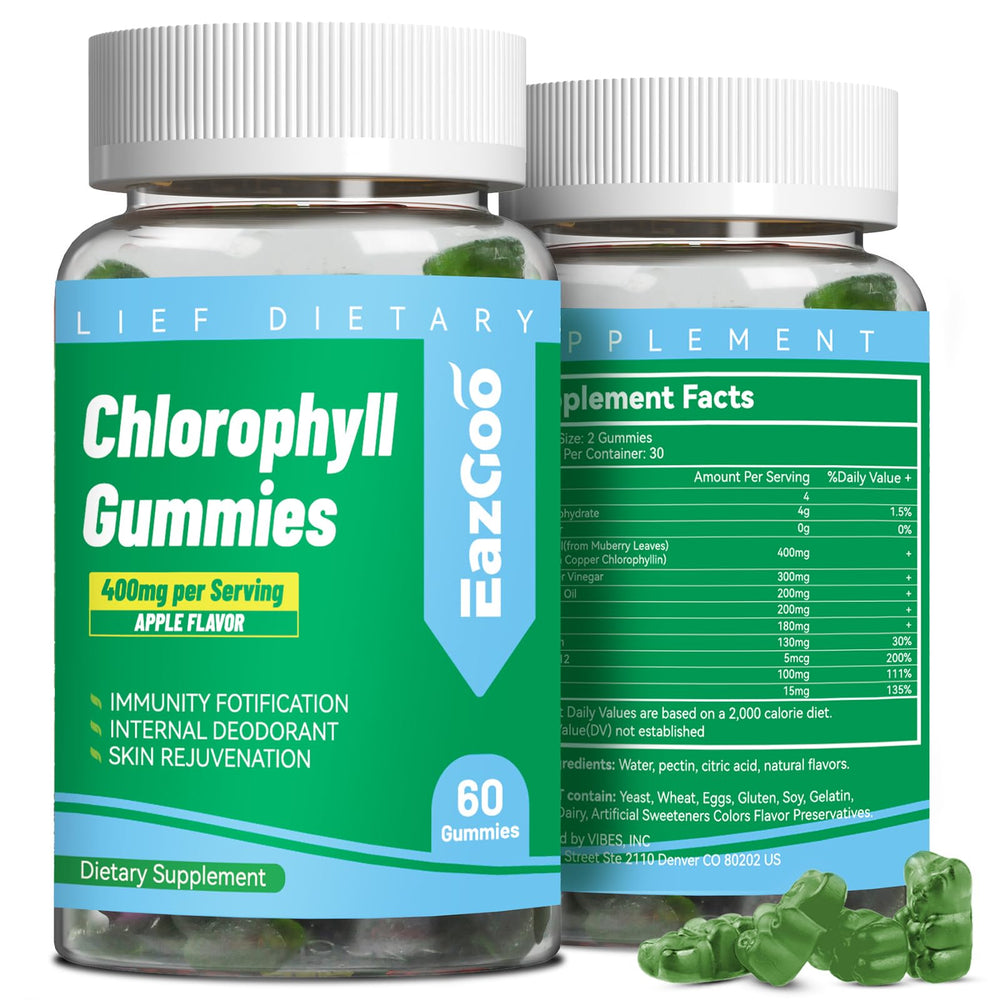 Sugar-free chlorophyll gummies bottle with natural apple flavor and Vitamin B12