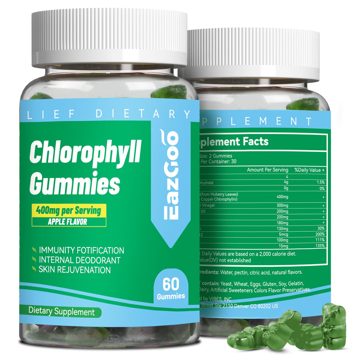 Sugar-free chlorophyll gummies bottle with natural apple flavor and Vitamin B12