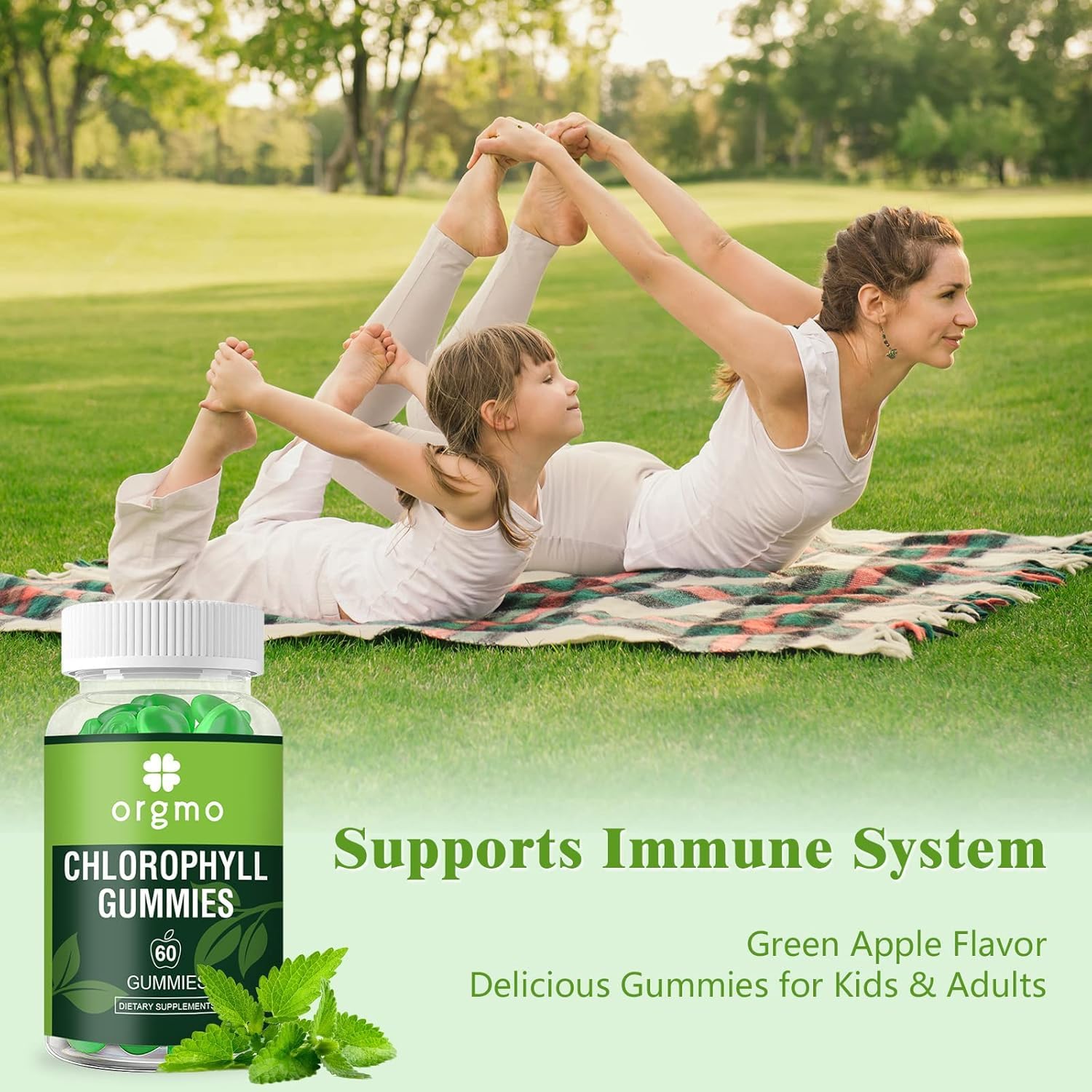 Lifestyle shot of a person taking a chlorophyll gummy during a wellness routine