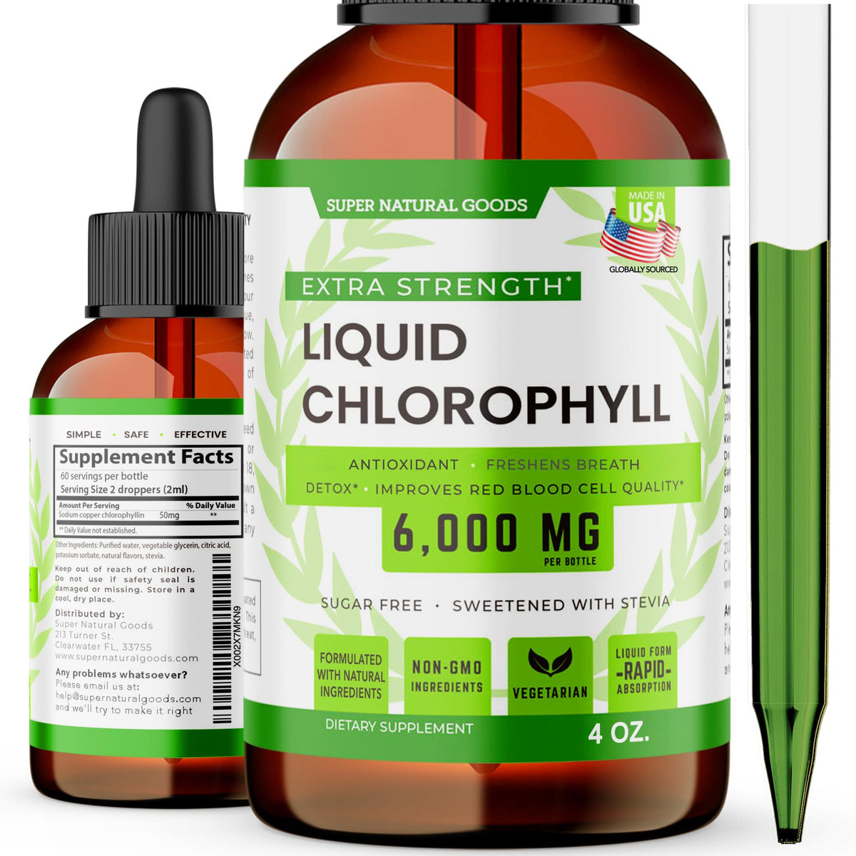 Chlorophyll Liquid Drops bottle with label showing 1500 mg per bottle