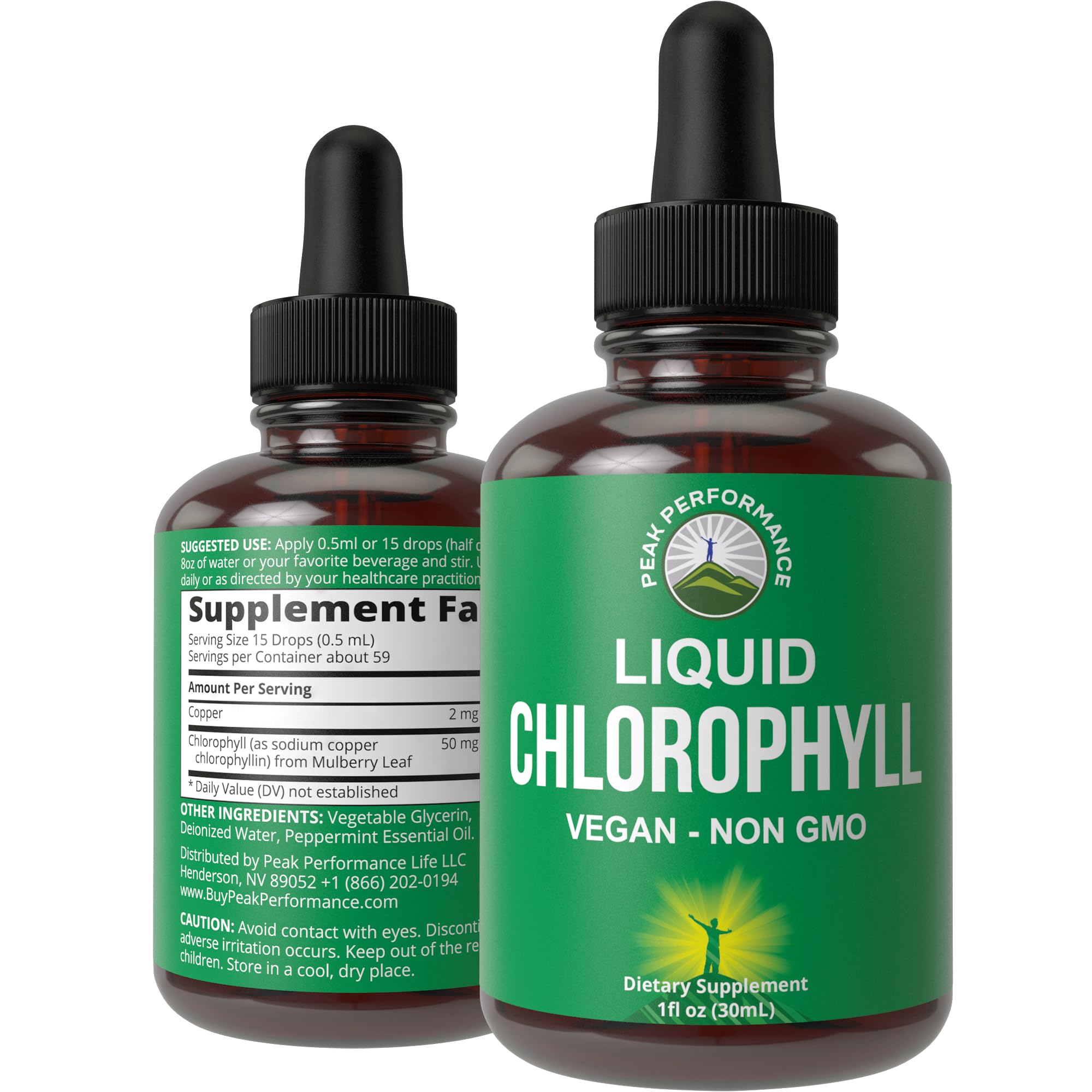 Chlorophyll Liquid Drops bottle with Peak Performance label