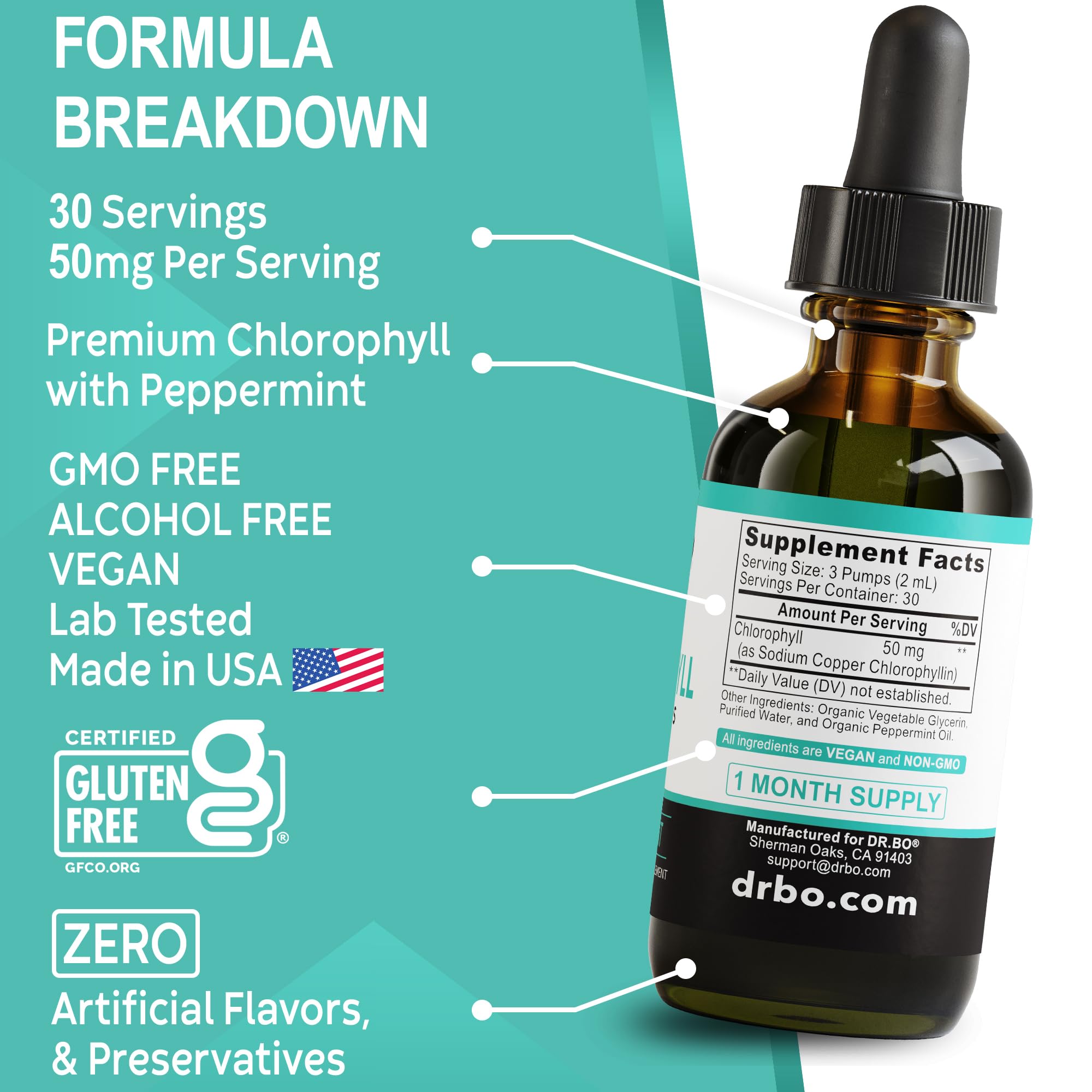 Close-up of chlorophyll liquid drops ingredients portraying vegan formula