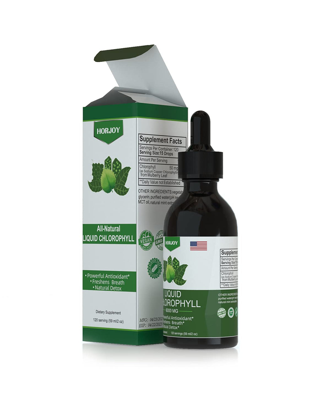 Vegan and Non-GMO, sugar-free, gluten-free chlorophyll drops packaging