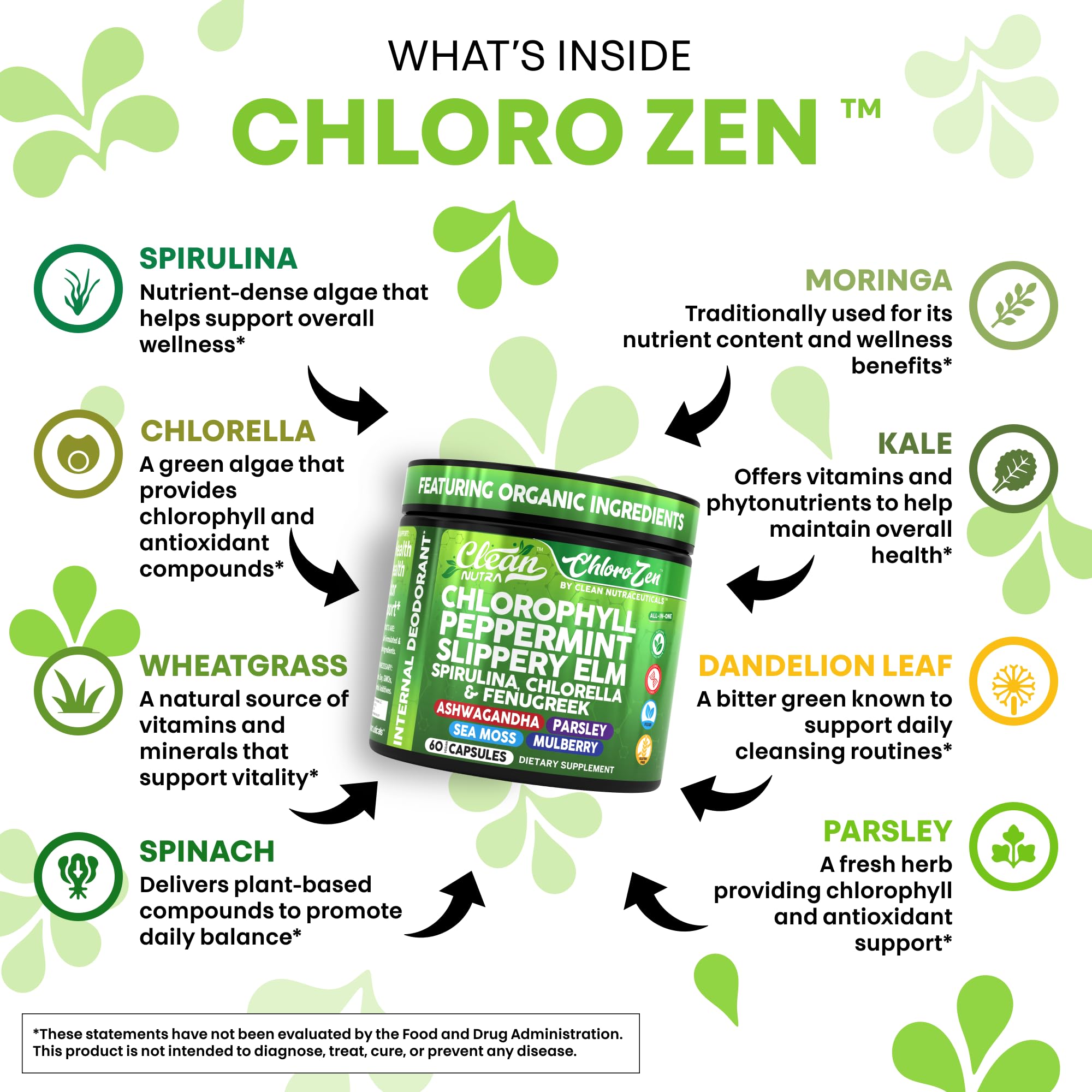 Chlorophyll odor-control blend with spirulina and chlorella