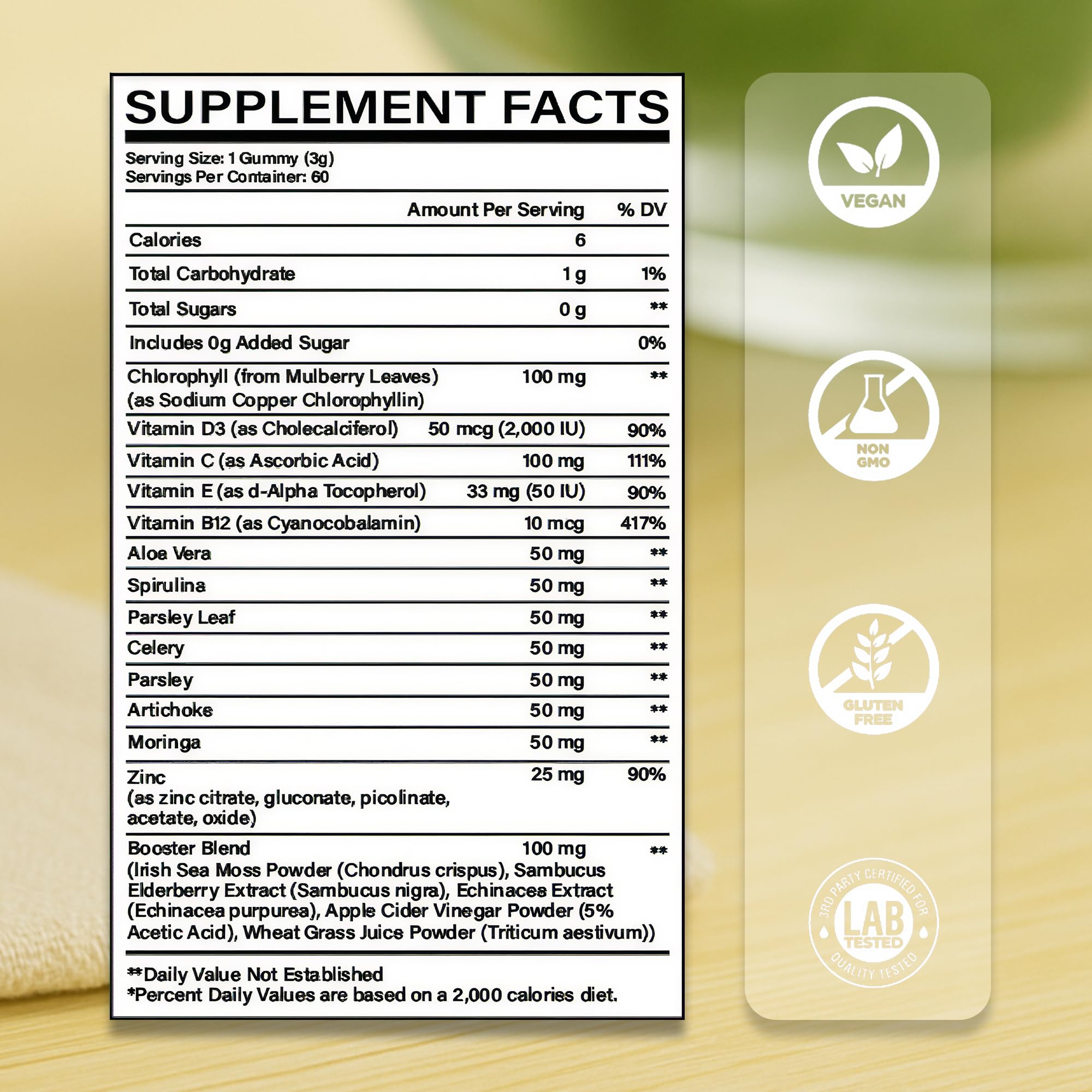 Close-up of ingredients: spirulina, chlorella, moringa, and chlorophyll.