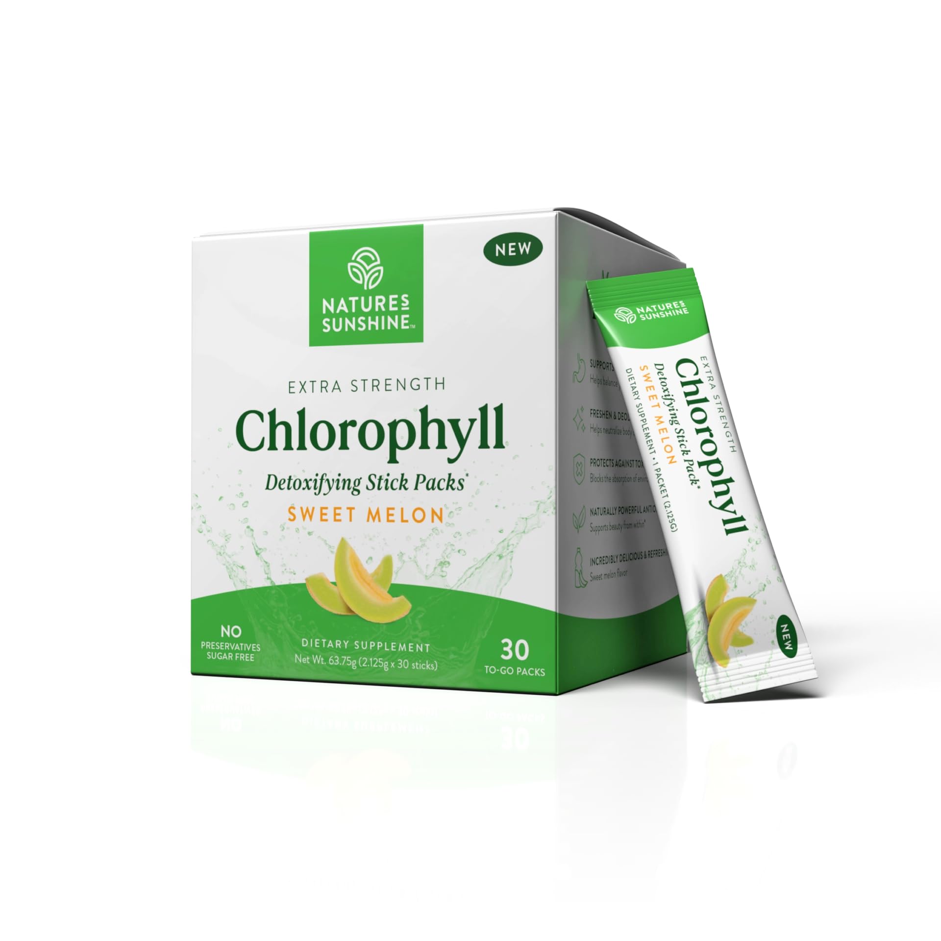Chlorophyll stick packs with Sweet Melon flavor in a blister pack