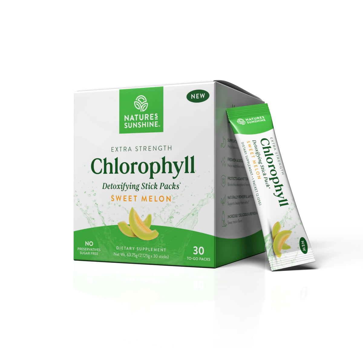 Chlorophyll stick packs with Sweet Melon flavor in a blister pack