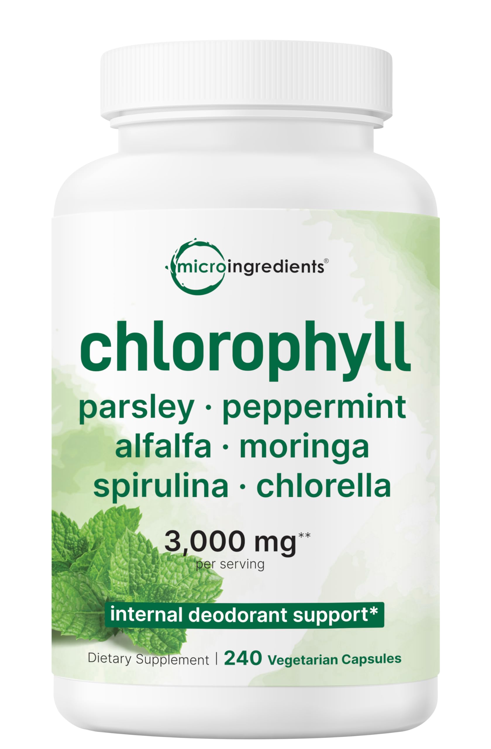 Bottle of Micro Ingredients Chlorophyll Super Greens Complex with 240 veggie capsules