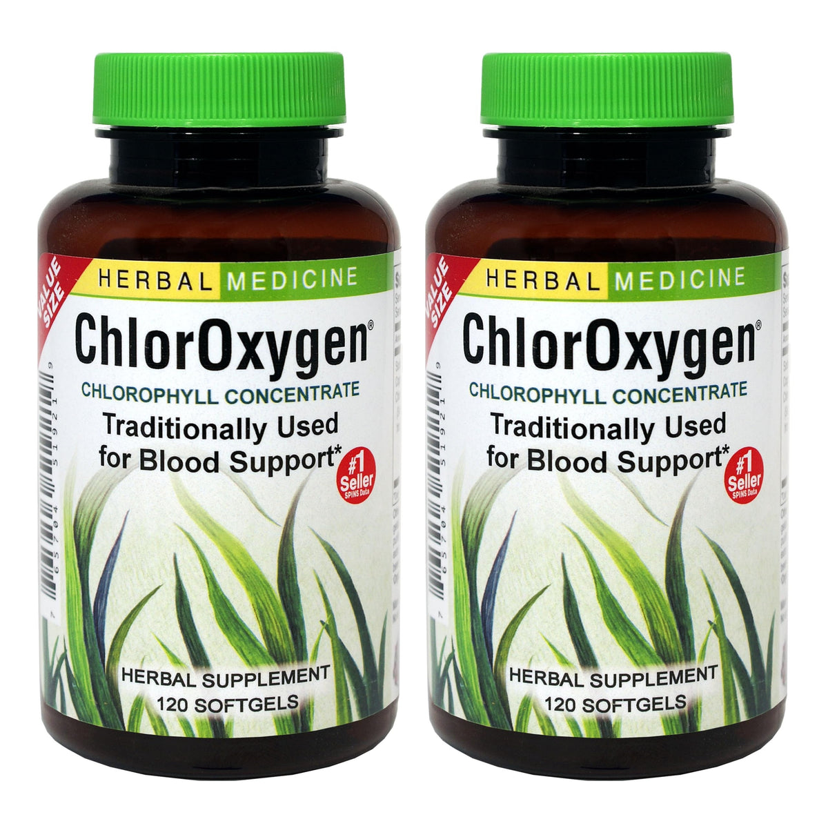 ChlorOxygen Chlorophyll Concentrate bottle front view - 120 softgels, 2-pack