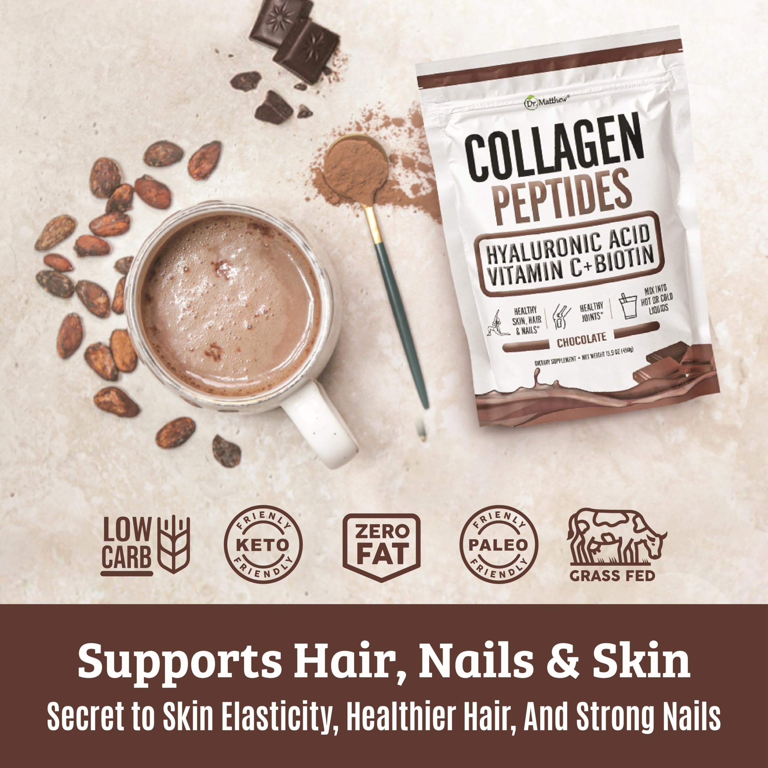 Collagen peptides with hyaluronic acid in chocolate flavor