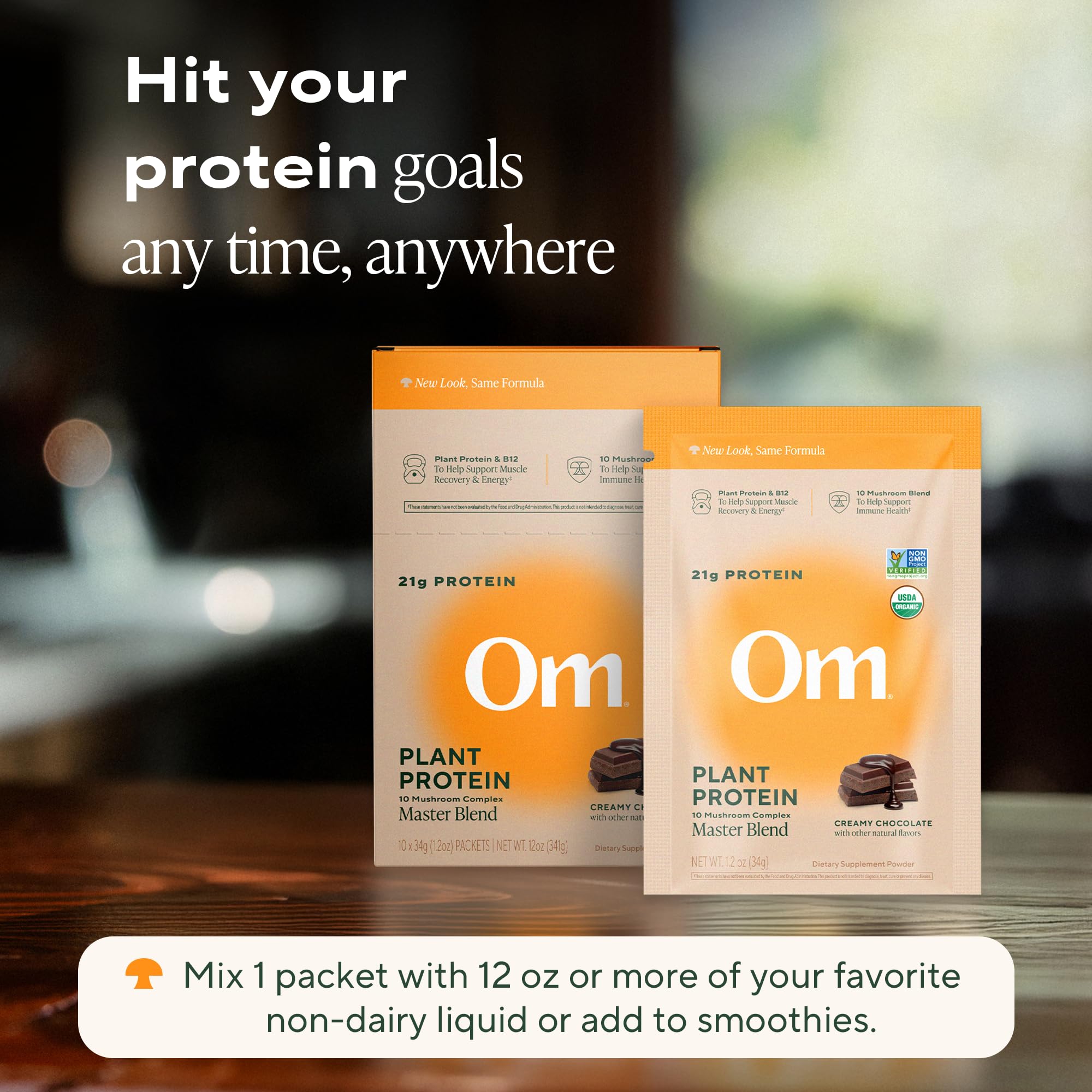 Chocolate flavor single-serve packaging for OM Mushroom powder