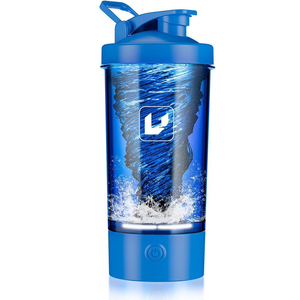 Cholas electric shaker bottle blue front view shows one touch blending for smooth shakes