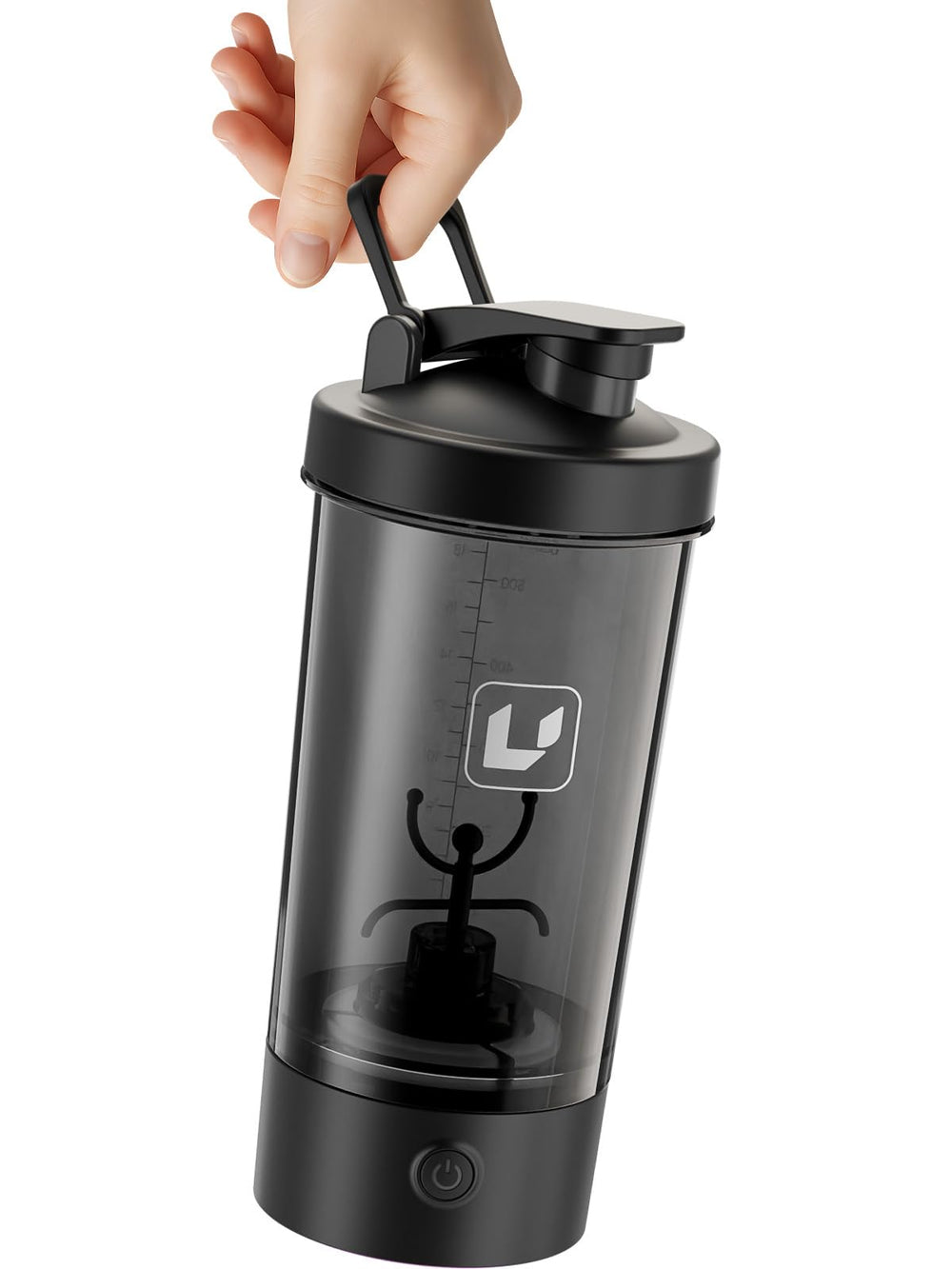 Cholas electric shaker bottle lid and motor close-up highlighting one-touch blending.