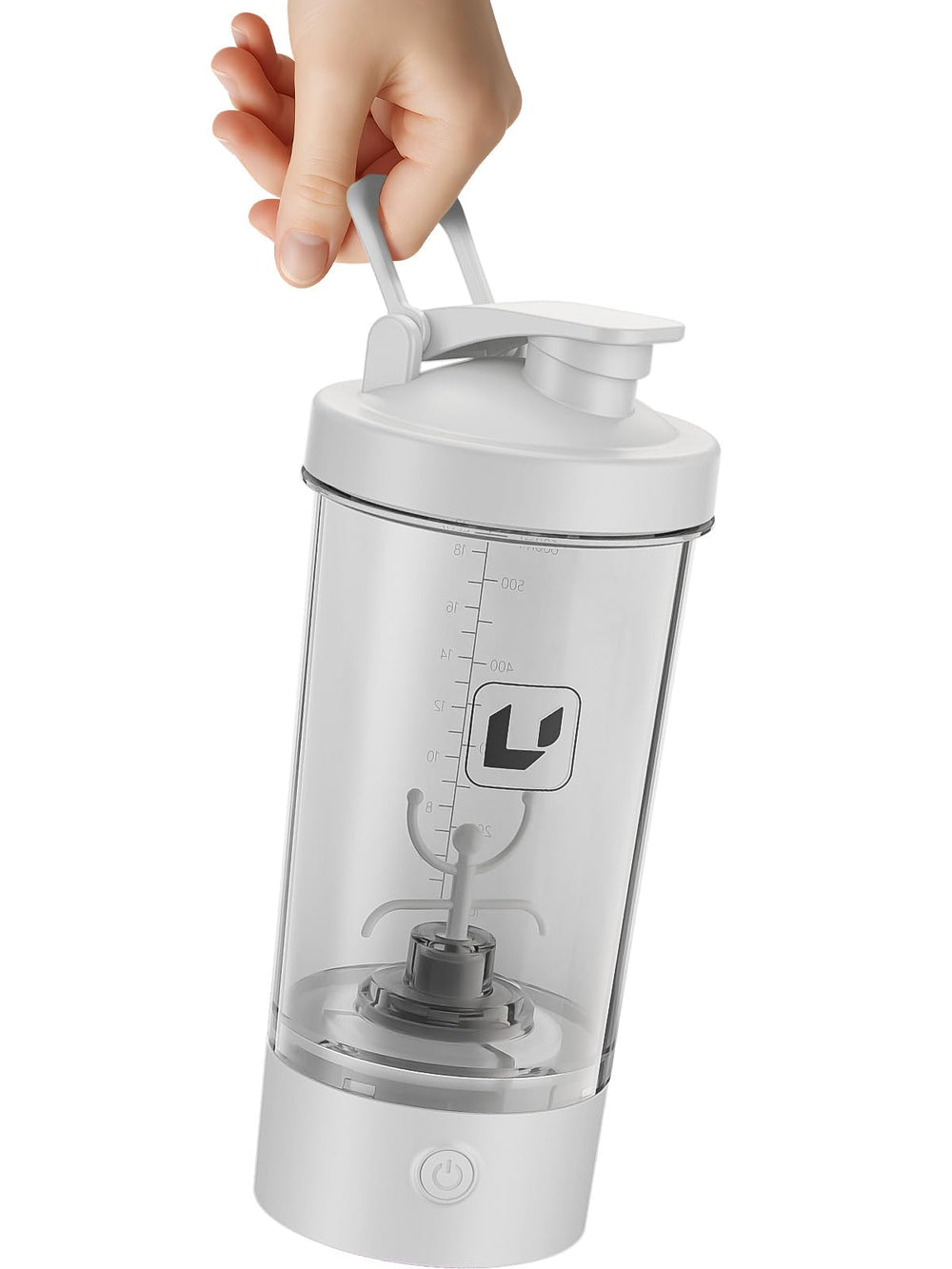 Cholas shaker bottle with lid off showing easy-access blending