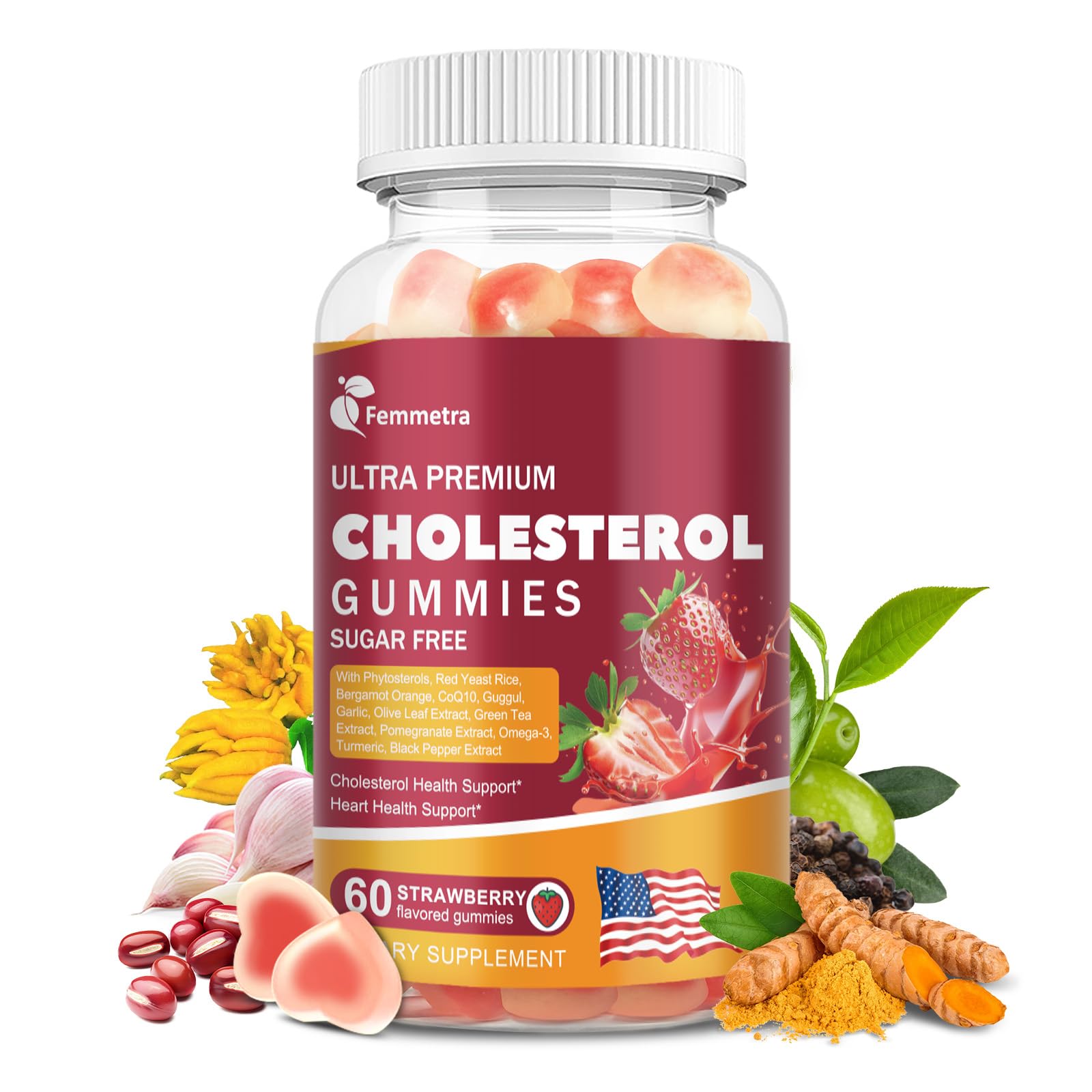 Front view of a bottle of 17-in-1 cholesterol gummies with strawberry flavor