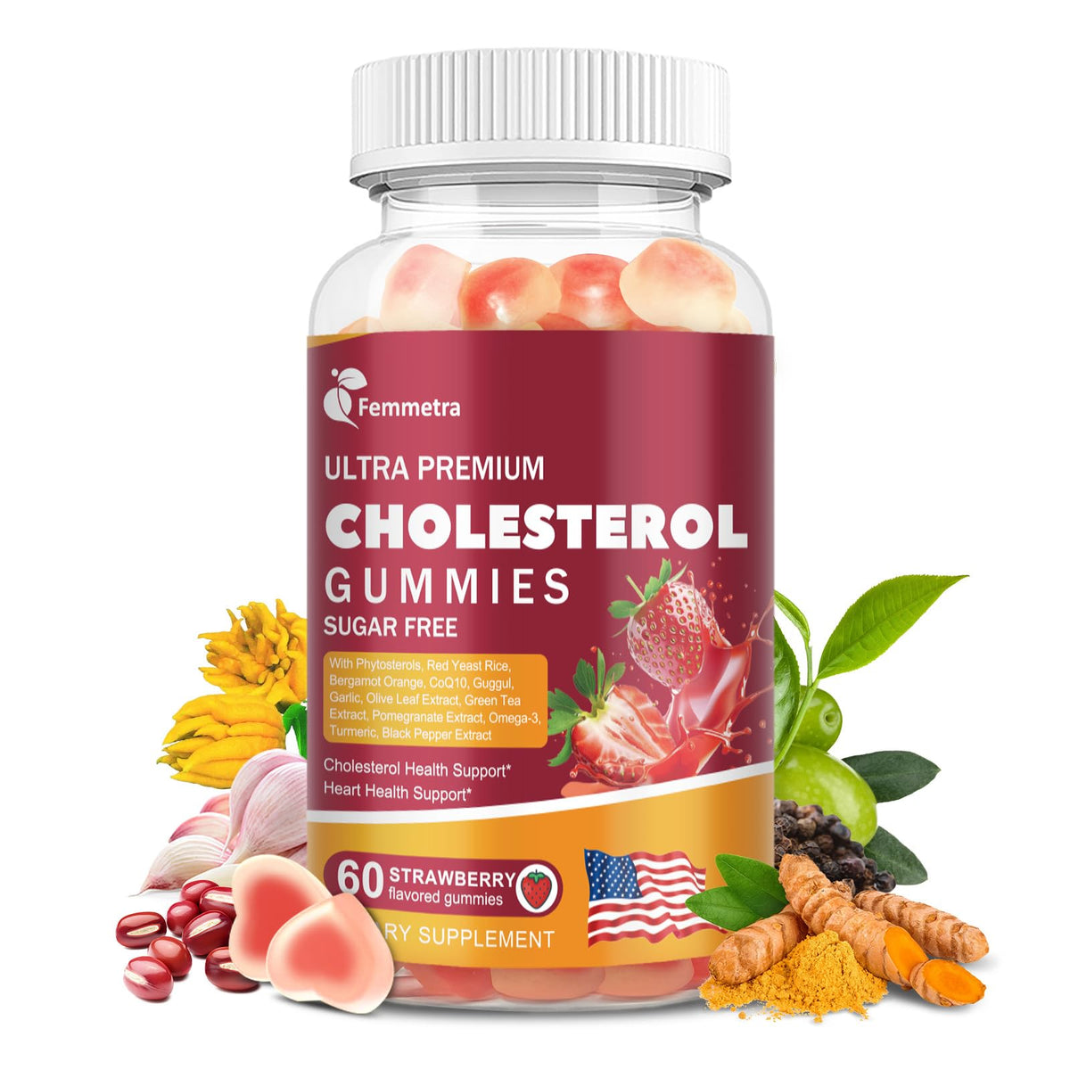 Front view of a bottle of 17-in-1 cholesterol gummies with strawberry flavor