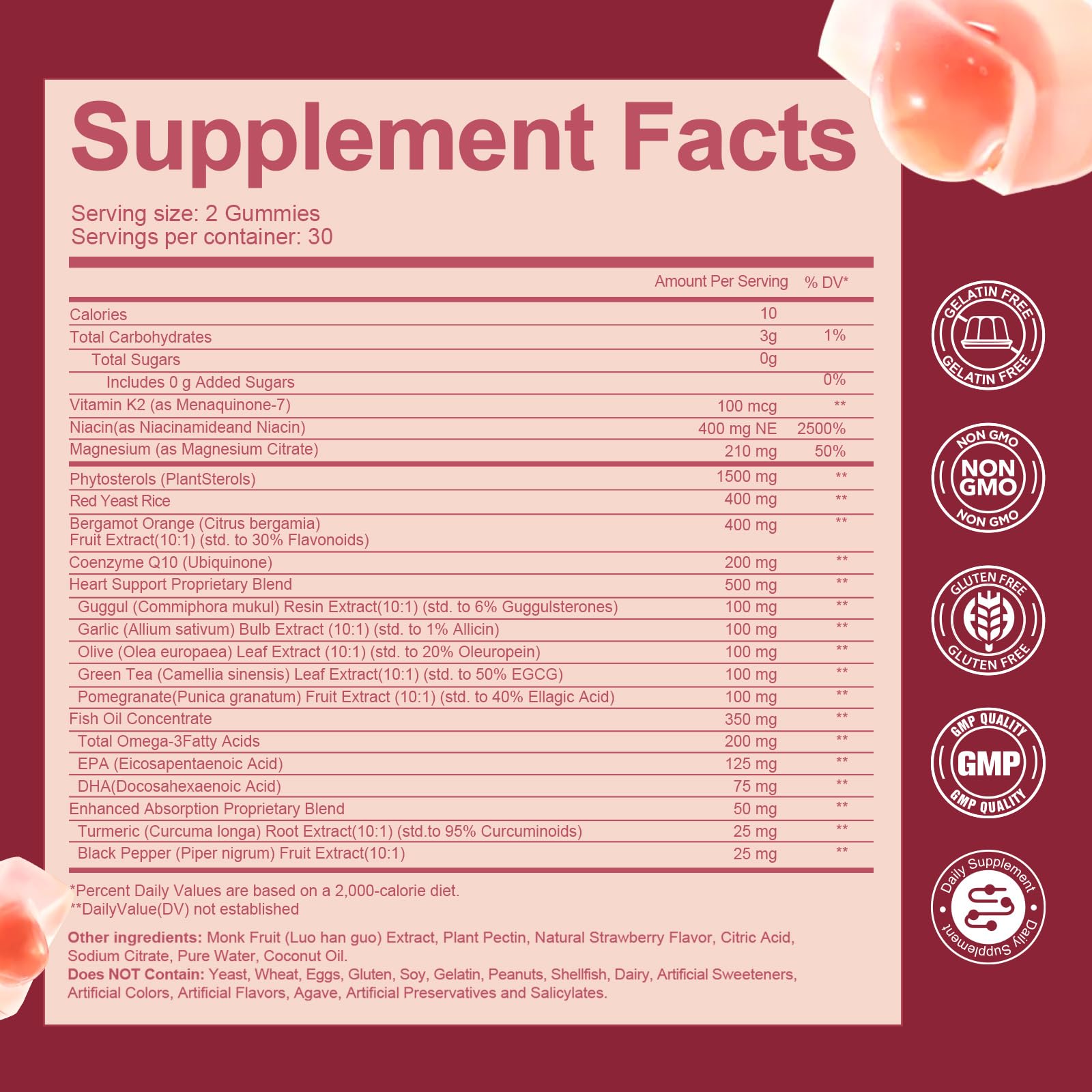 Close-up of two strawberry-flavored cholesterol gummies