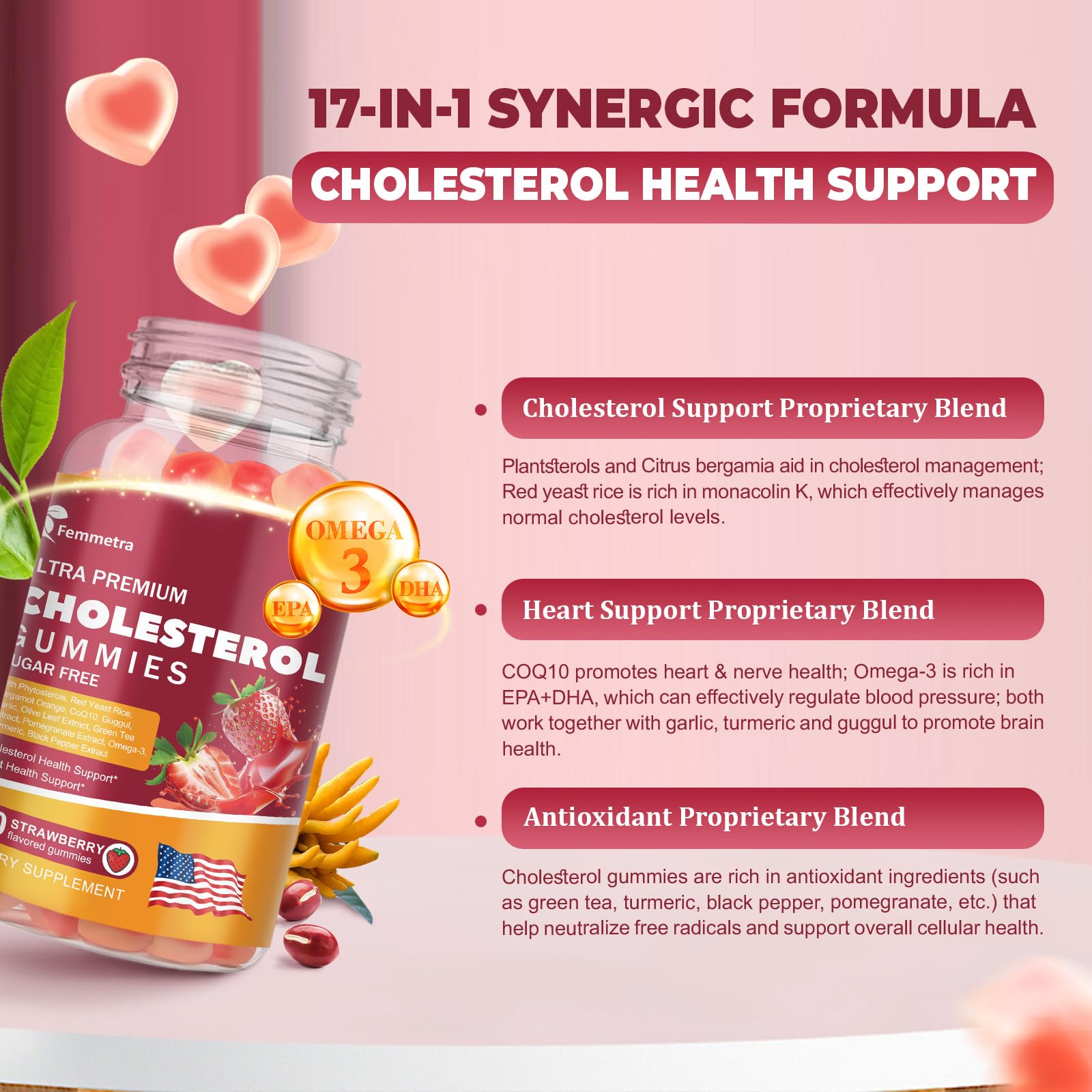 Illustration of plant sterols, red yeast rice, bergamot and COQ10 ingredients