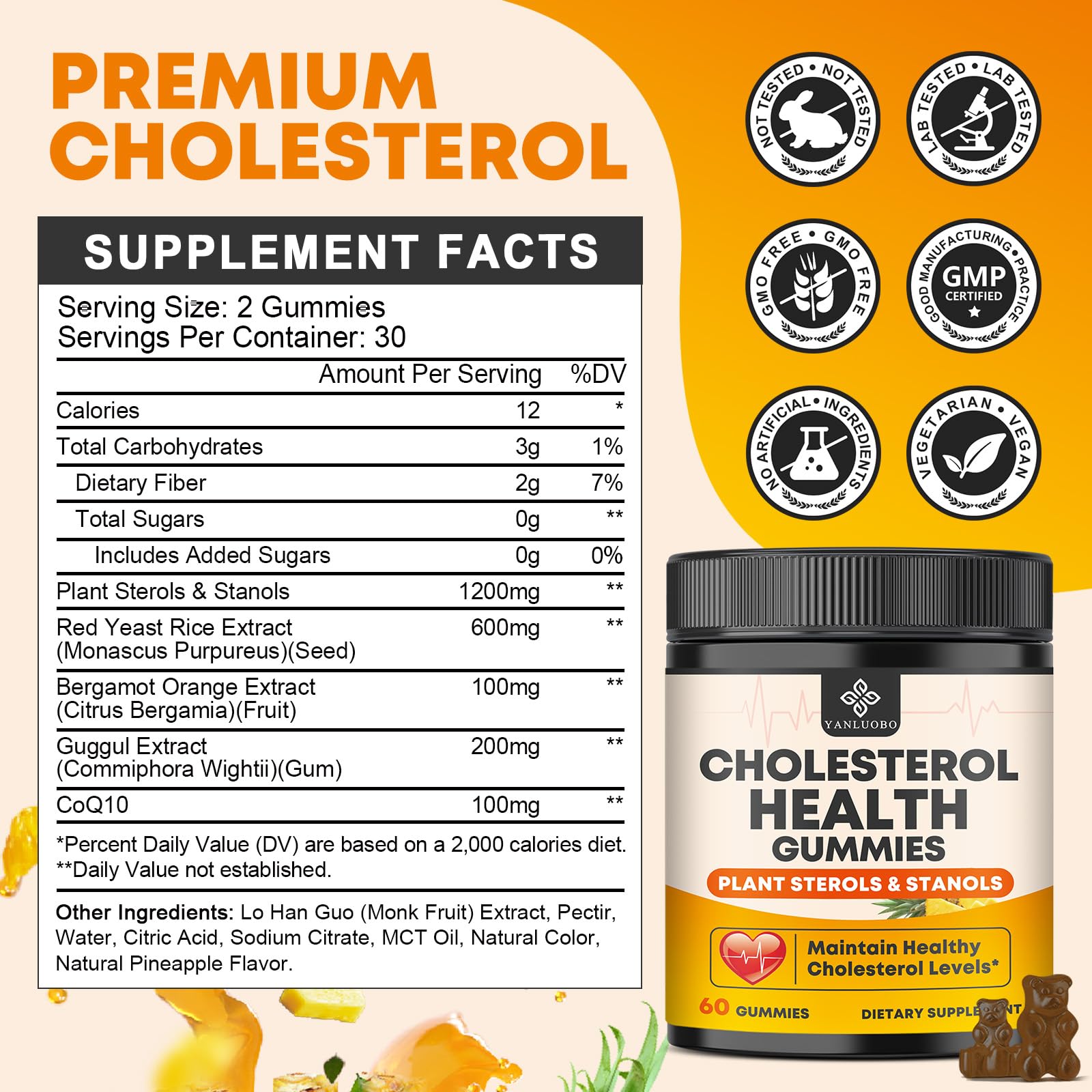 Pineapple-flavored cholesterol gummies spilling from bottle