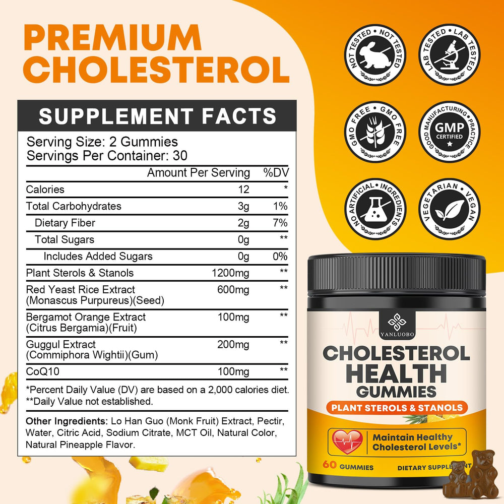 Pineapple-flavored cholesterol gummies spilling from bottle