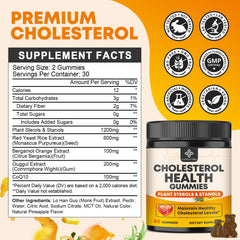 Pineapple-flavored cholesterol gummies spilling from bottle