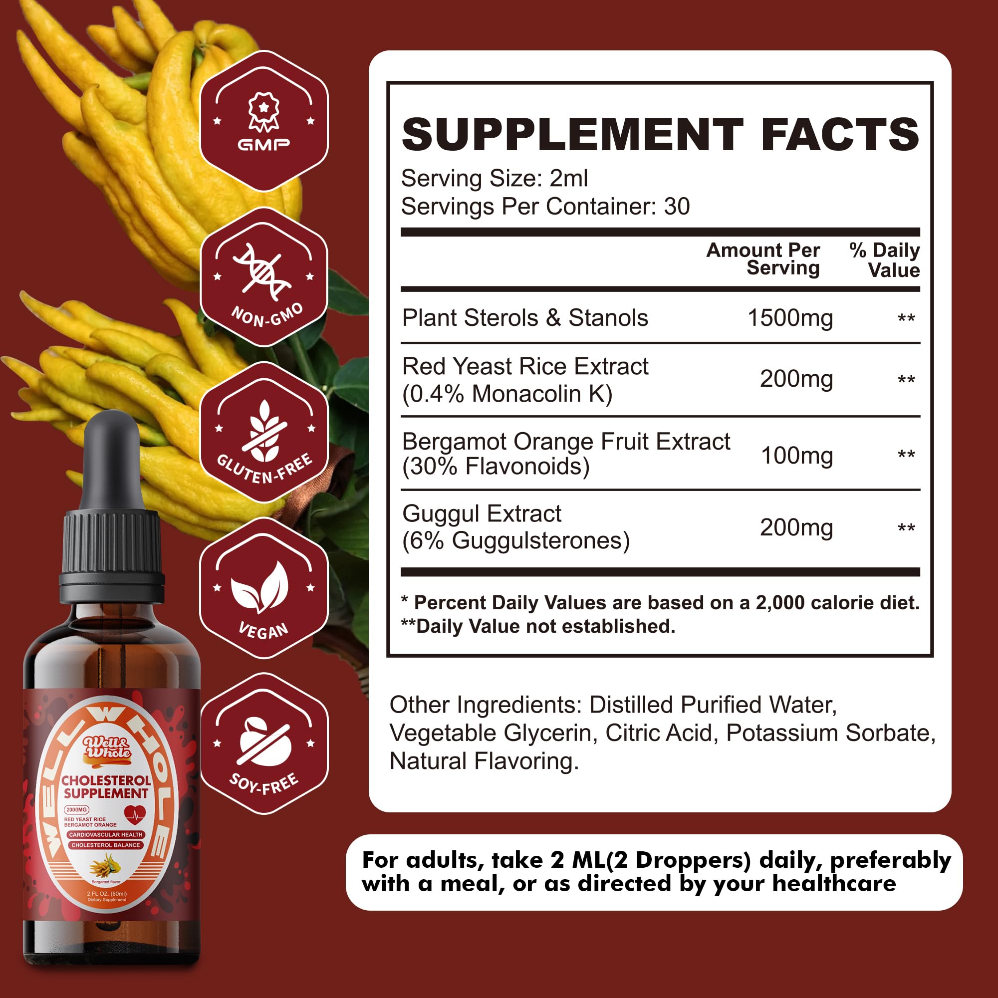 Product label on Cholesterol Support Liquid Drops showing vegan and non-GMO claims.